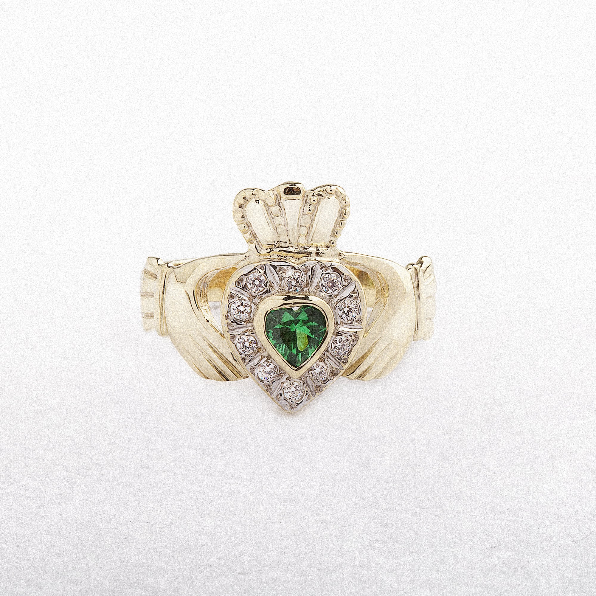 10ct Yellow Gold Green & White Cubic Zirconia Claddagh Ring