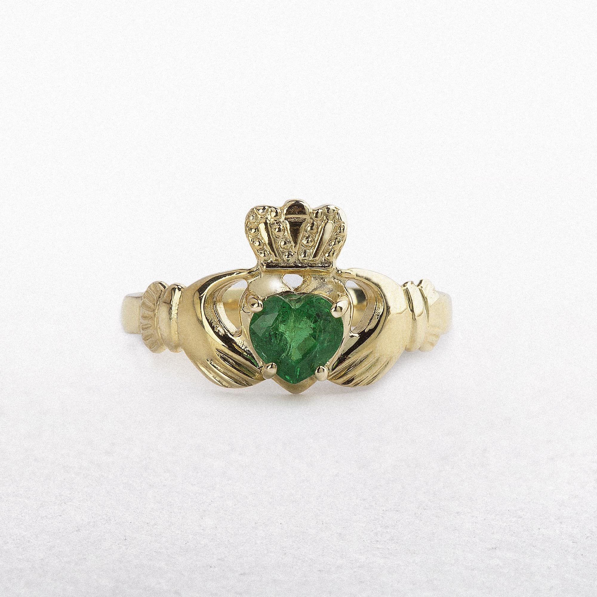10ct Yellow Gold Ladies Claddagh Ring with Synthetic Emerald