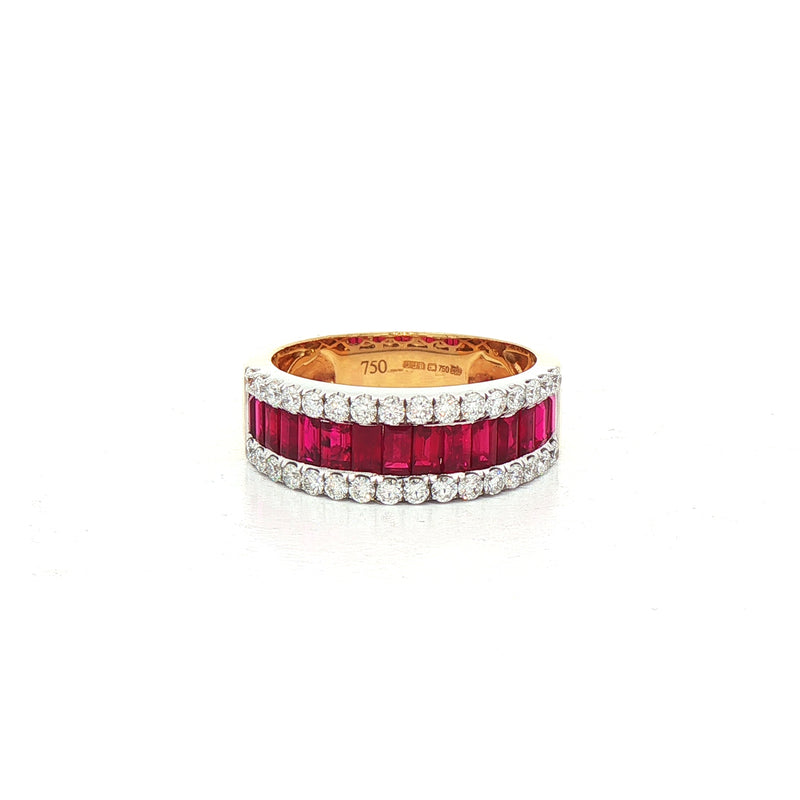 1.35ct Baguette Ruby & Natural Diamond 0.51ct Three Row Dress Ring In 18ct Yellow Gold