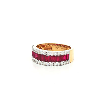 1.35ct Baguette Ruby & Natural Diamond 0.51ct Three Row Dress Ring In 18ct Yellow Gold