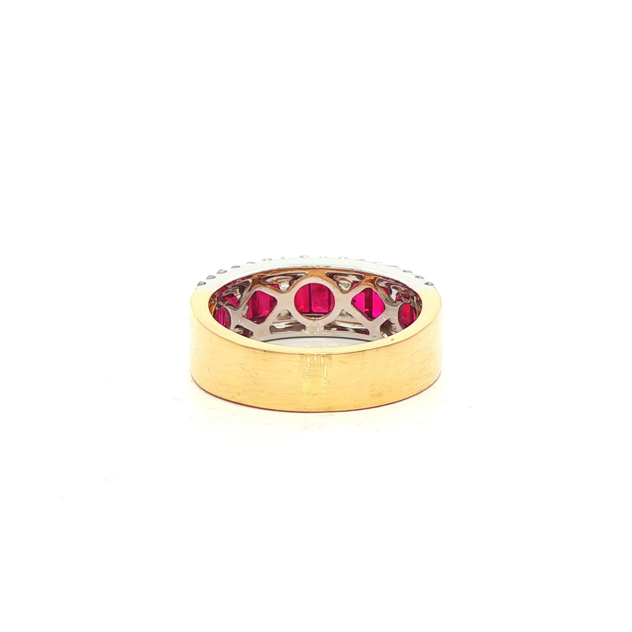 1.35ct Baguette Ruby & Natural Diamond 0.51ct Three Row Dress Ring In 18ct Yellow Gold