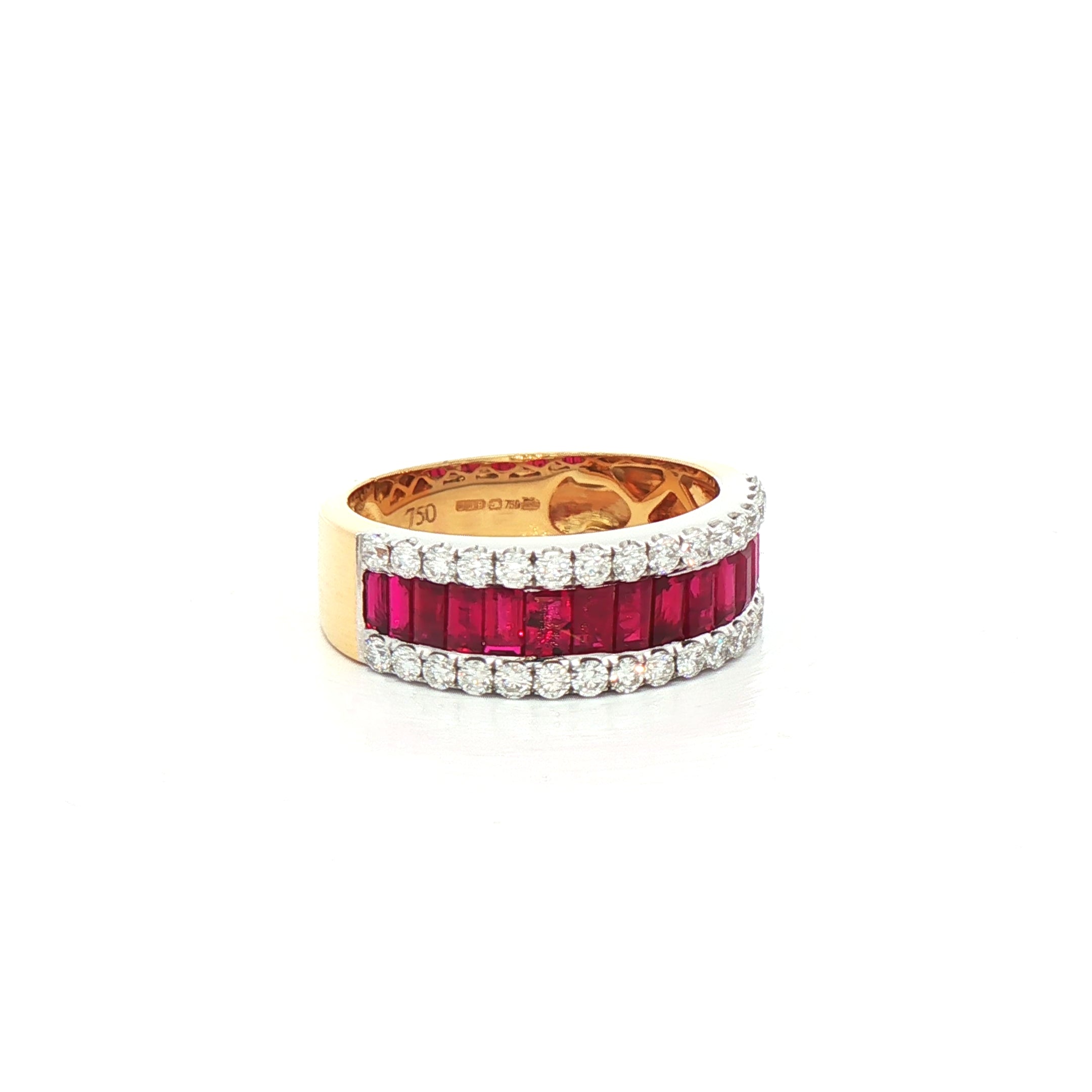 1.35ct Baguette Ruby & Natural Diamond 0.51ct Three Row Dress Ring In 18ct Yellow Gold