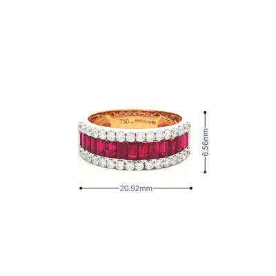 1.35ct Baguette Ruby & Natural Diamond 0.51ct Three Row Dress Ring In 18ct Yellow Gold