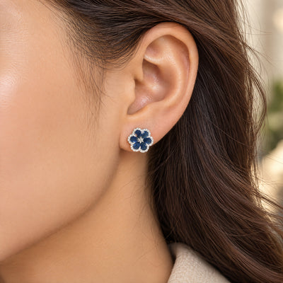 Sapphire and Natural Diamond Cluster Stud Earrings in 18ct White Gold