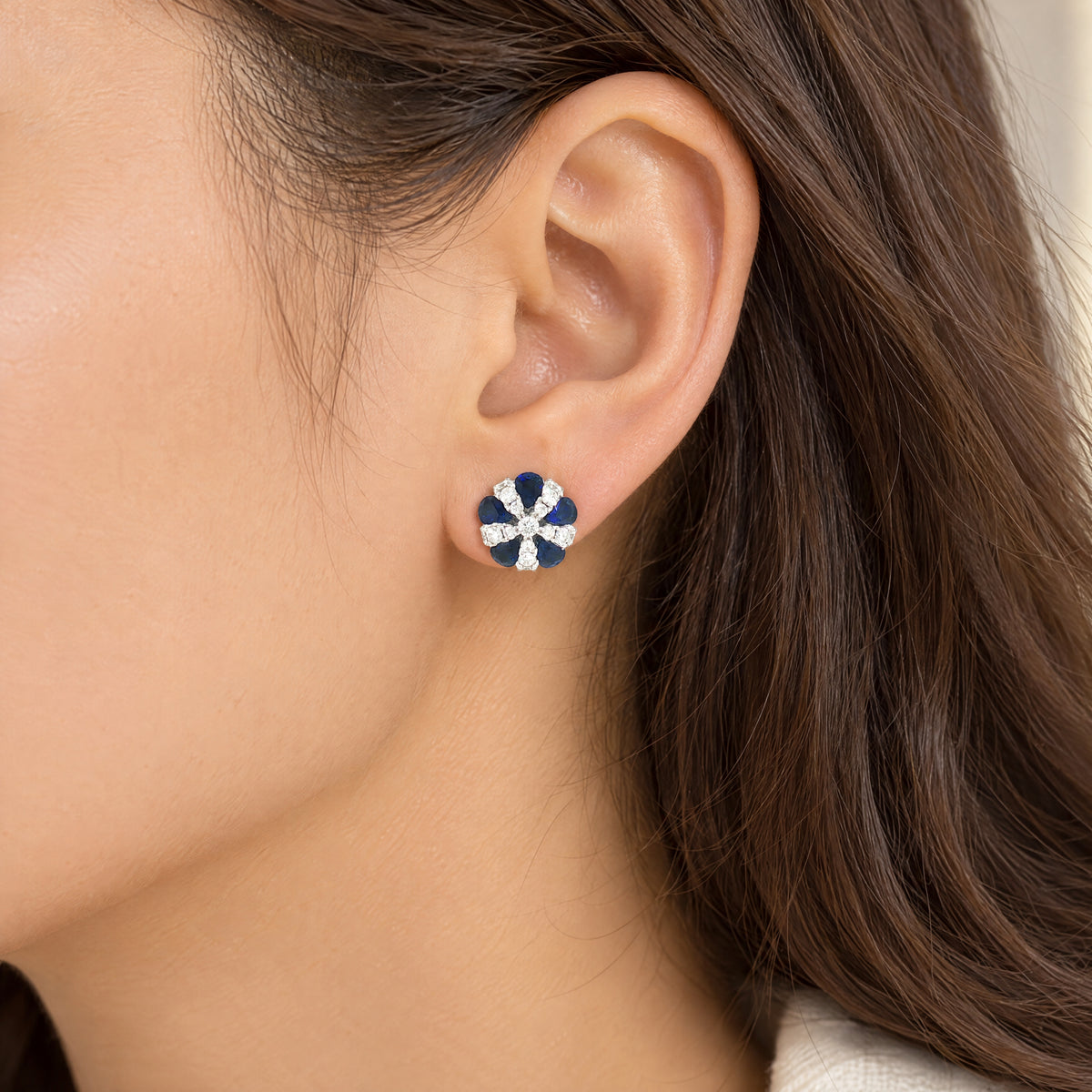 Sapphire and Natural Diamond Floral Stud Earrings in 18ct White Gold