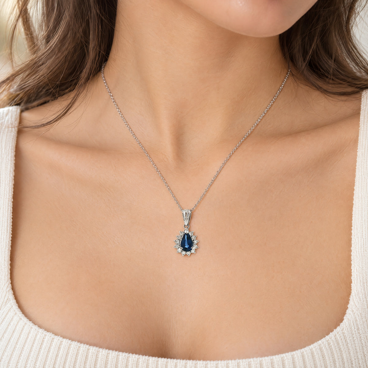 Vintage Platinum 0.73 Sapphire and 0.16 Diamond Pear Cluster Pendant and Chain