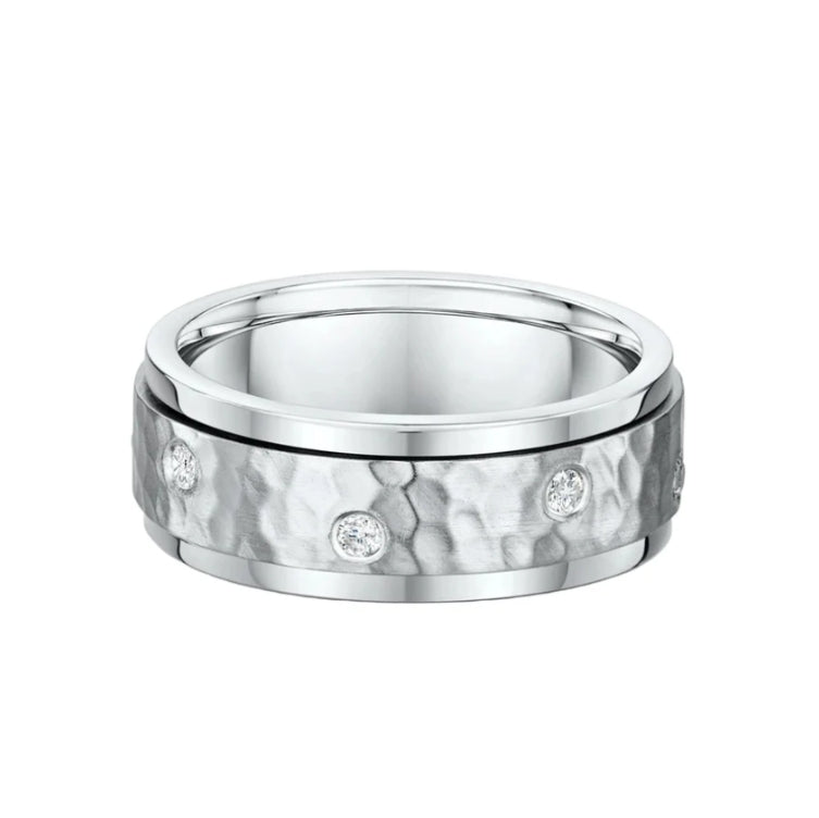 0.16ct 7.2mm Hammer & Satin Finish Natural Diamond Wedding Band In 18ct White Gold