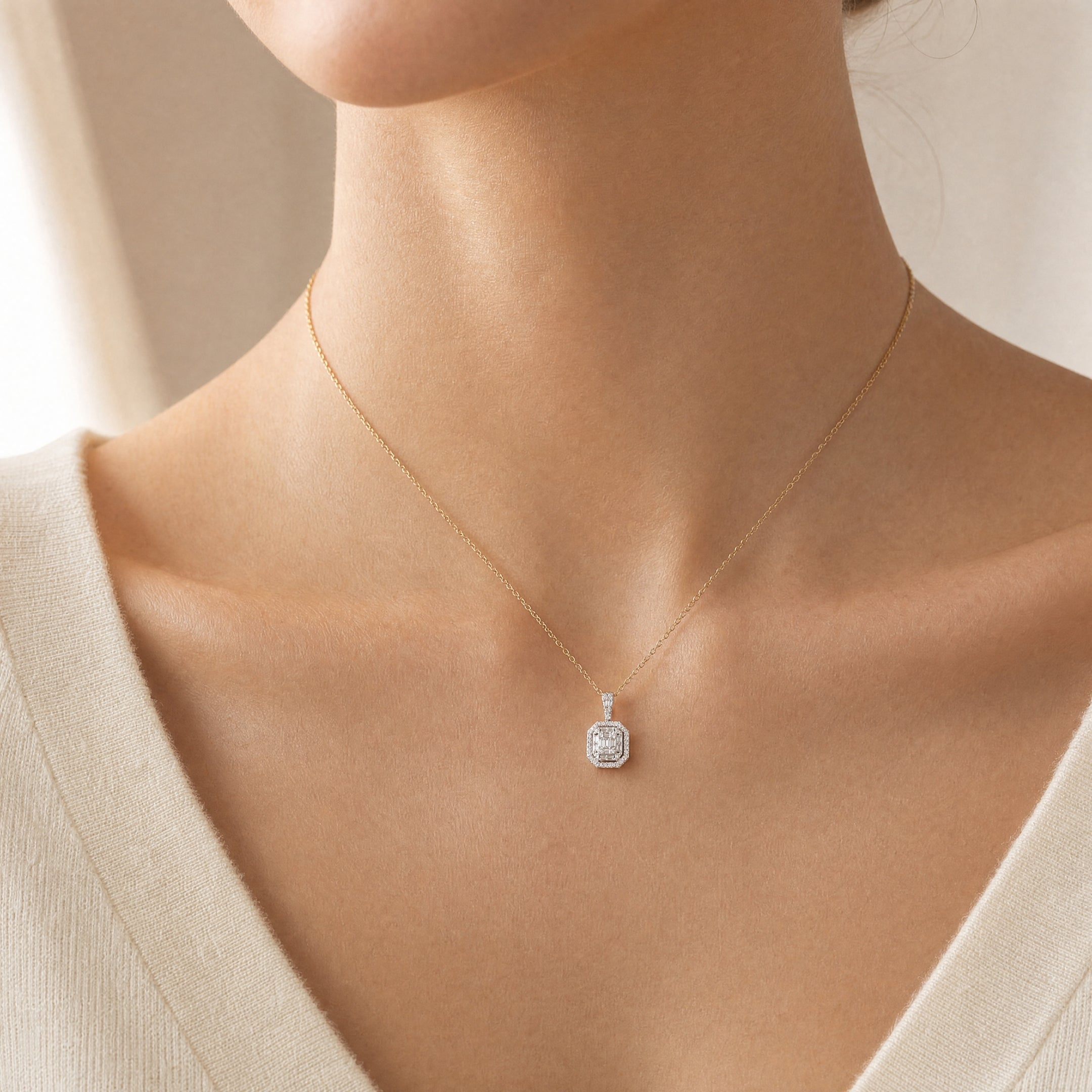 1.01ct Natural Diamond Multi Stone Emerald Shaped Halo Diamond Pendant in 18ct White Gold
