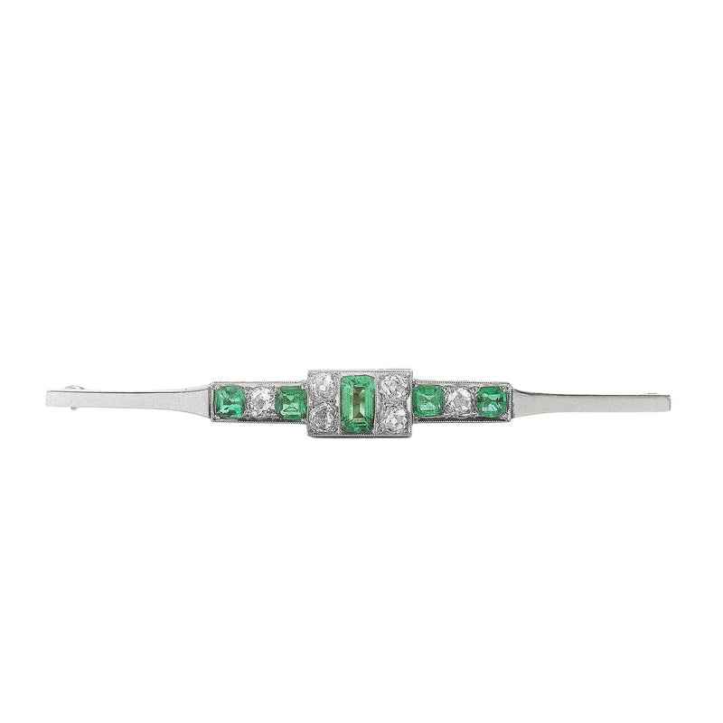 15ct Platinum Antique Emerald and Natural Diamond Bar Brooch