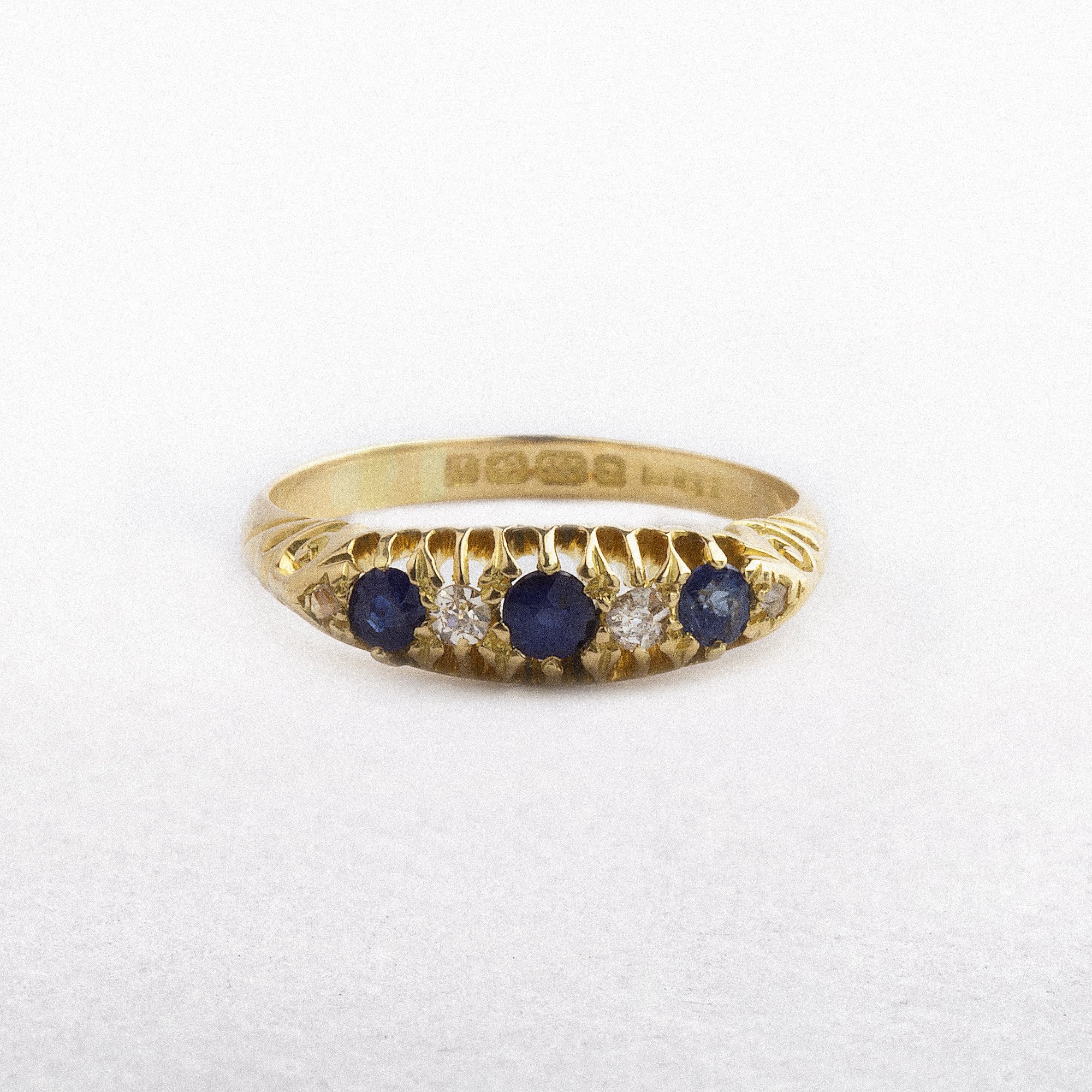 18ct Gold Victorian Carved Sapphire & Diamond Eternity Ring