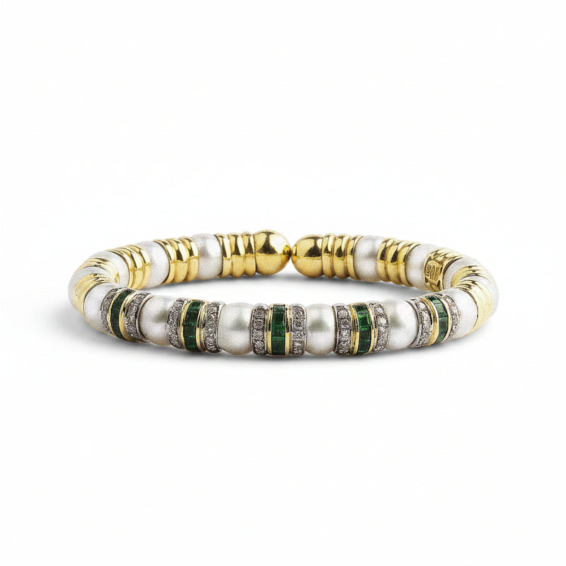 18ct Natural Emerald, Diamond & Pearl Bangle