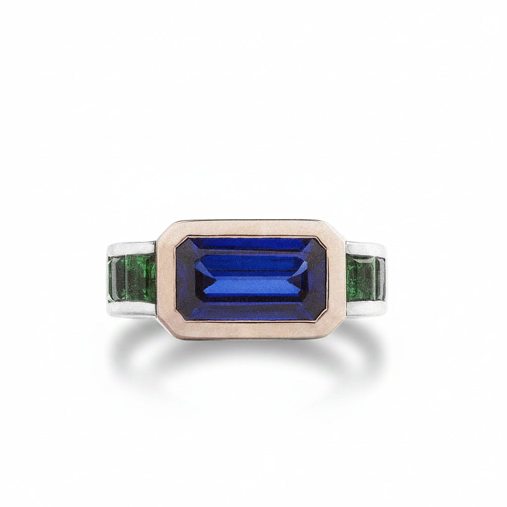 18ct Rose & White Gold Sapphire & Emerald Ring