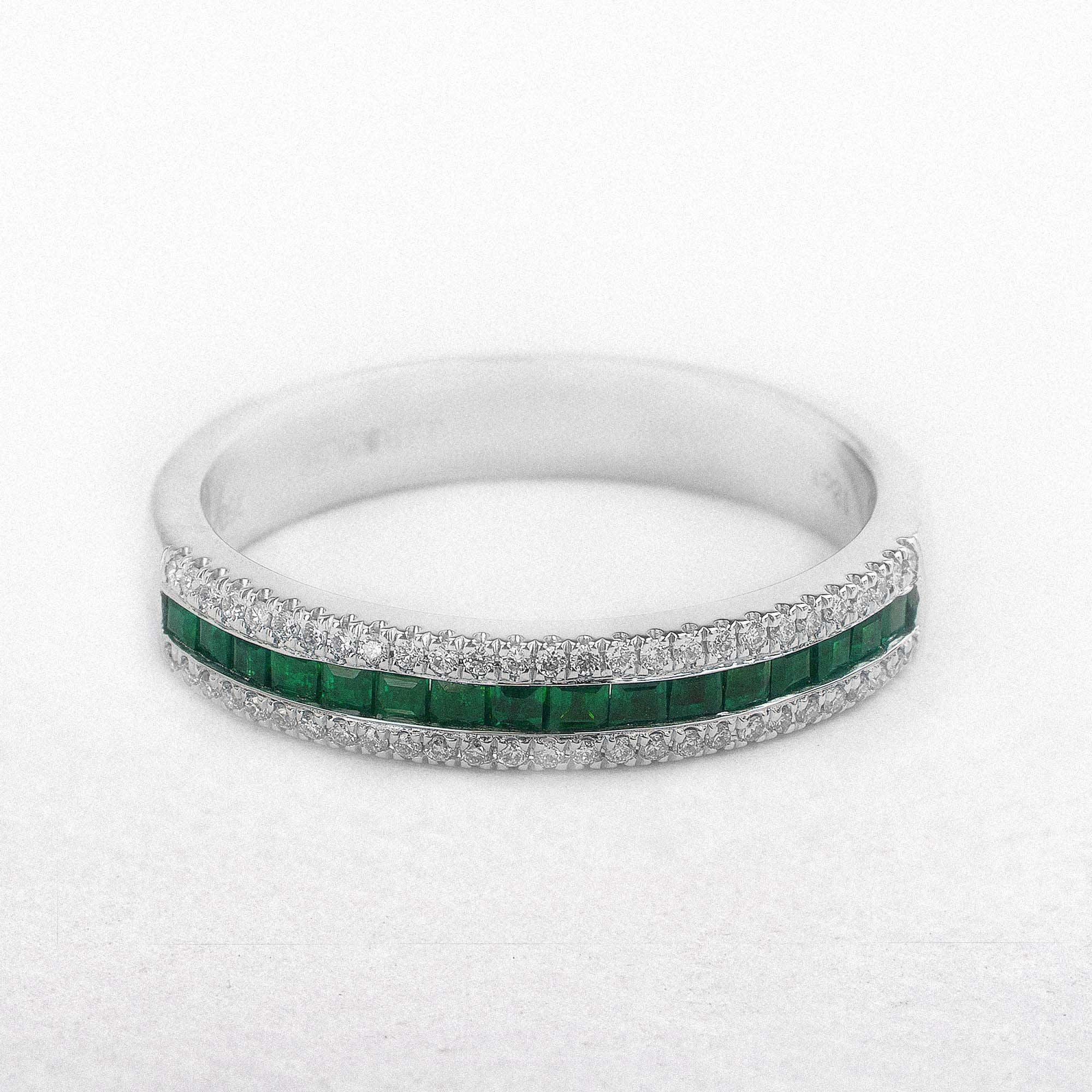 18ct White Gold 3 Row Natural Diamond and Emerald Ring