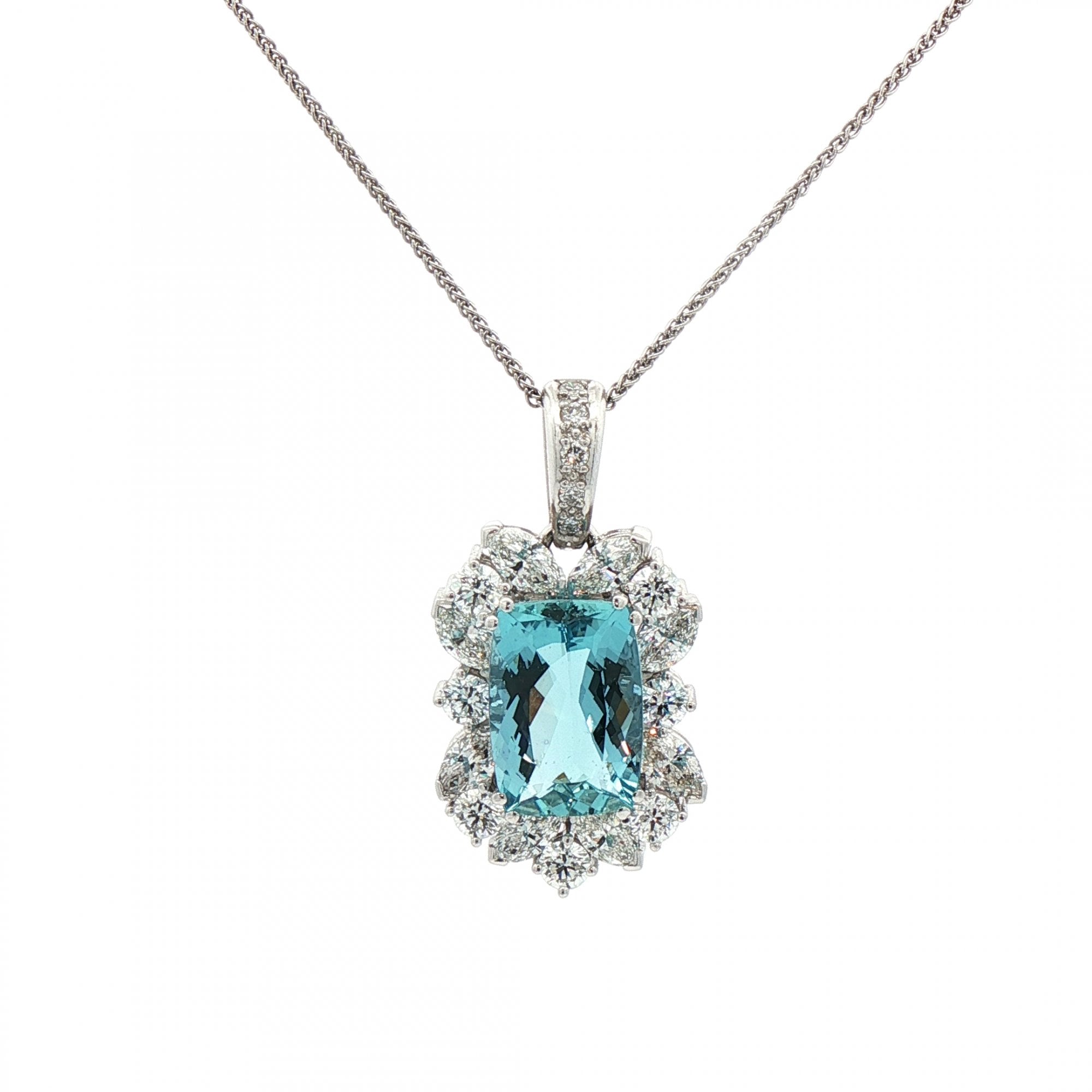 18ct White Gold Aquamarine & Natural Diamond Cluster Pendant