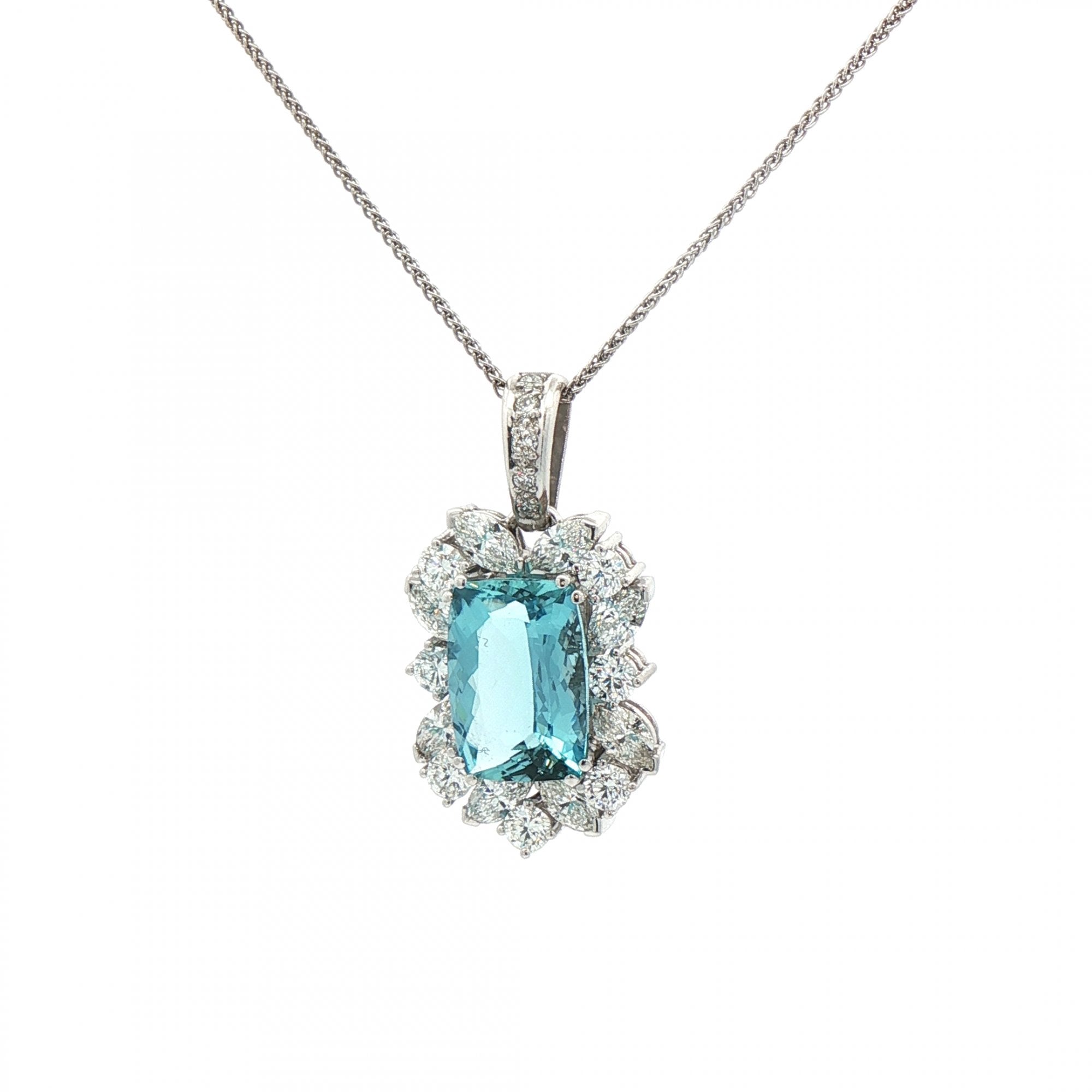 18ct White Gold Aquamarine & Natural Diamond Cluster Pendant