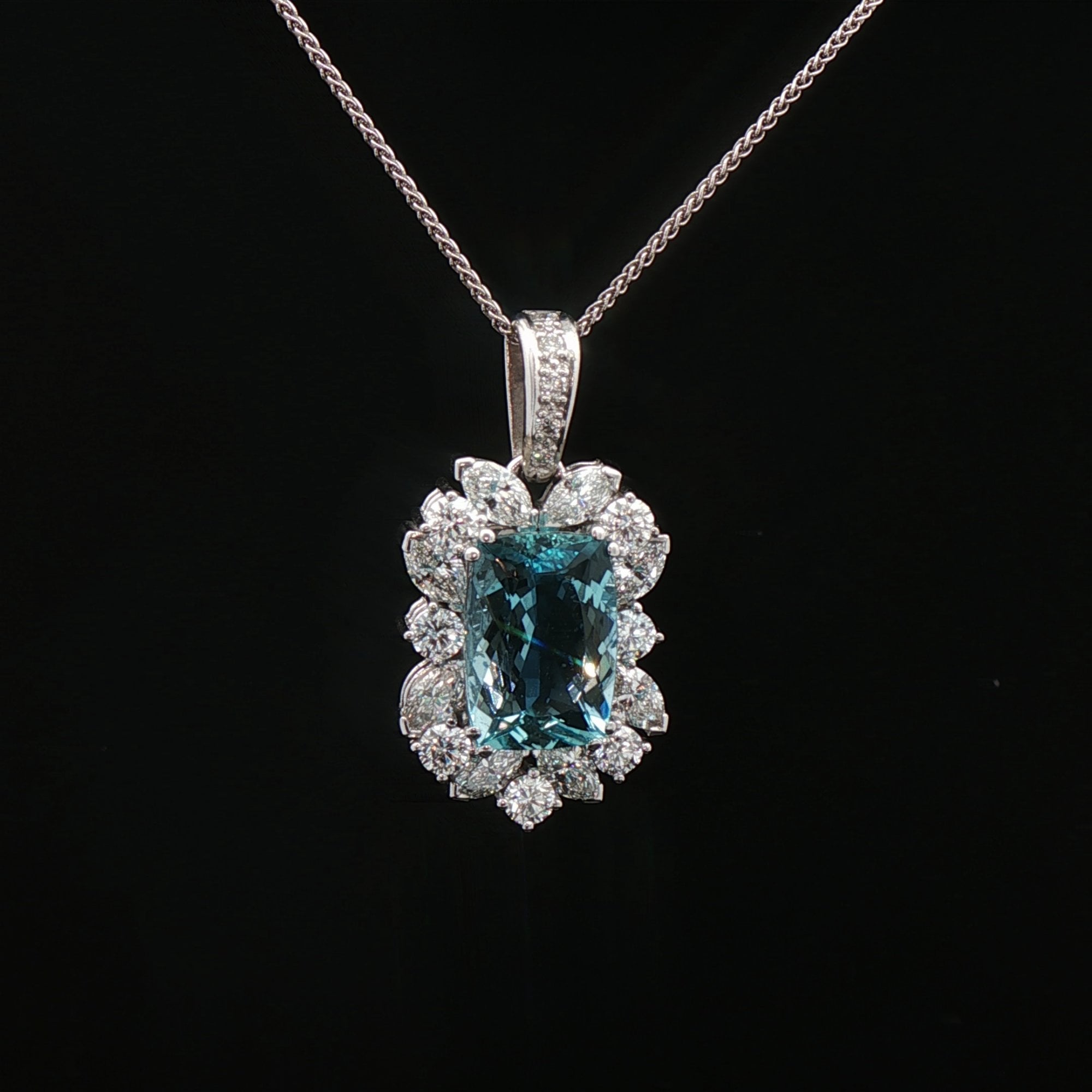 18ct White Gold Aquamarine & Natural Diamond Cluster Pendant