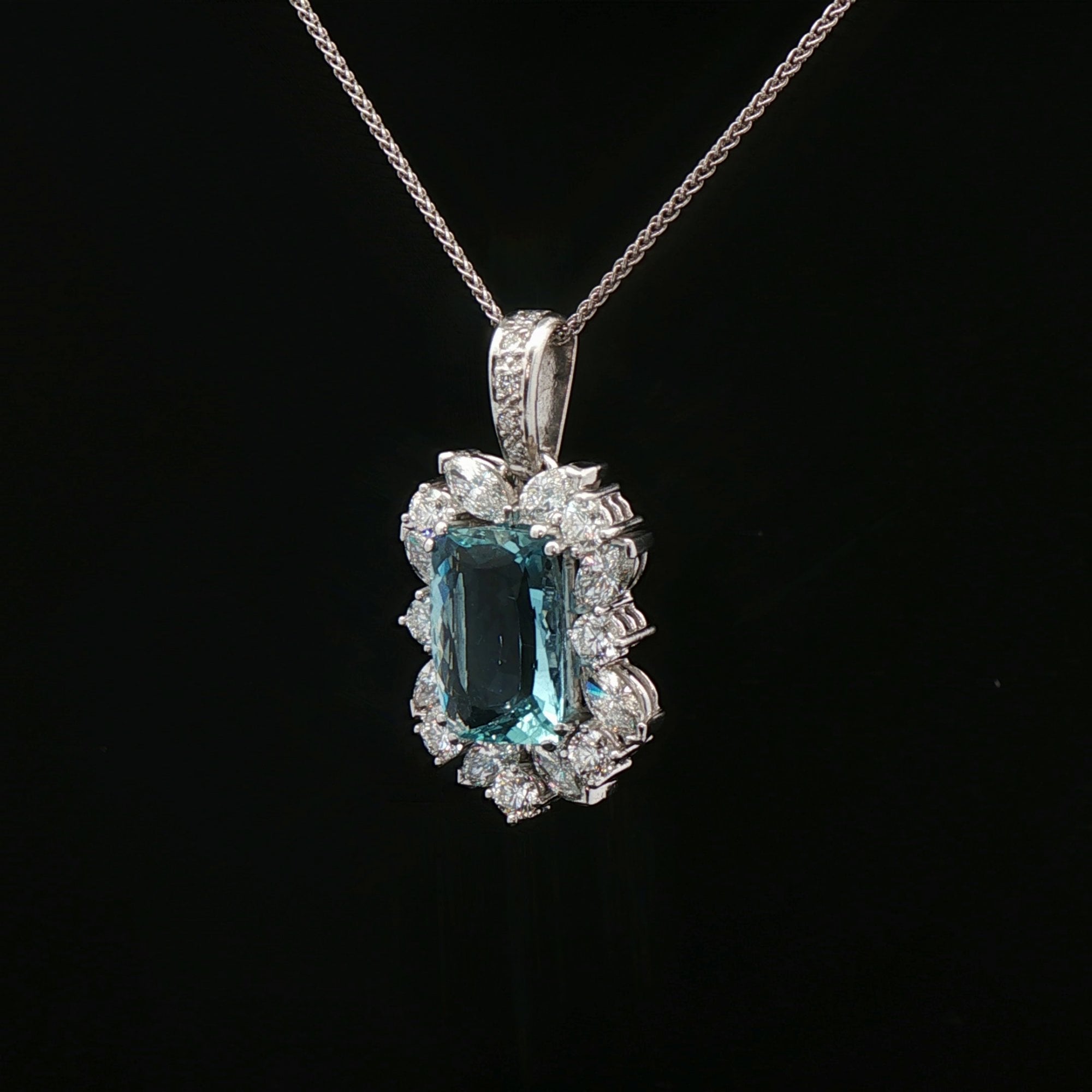 18ct White Gold Aquamarine & Natural Diamond Cluster Pendant