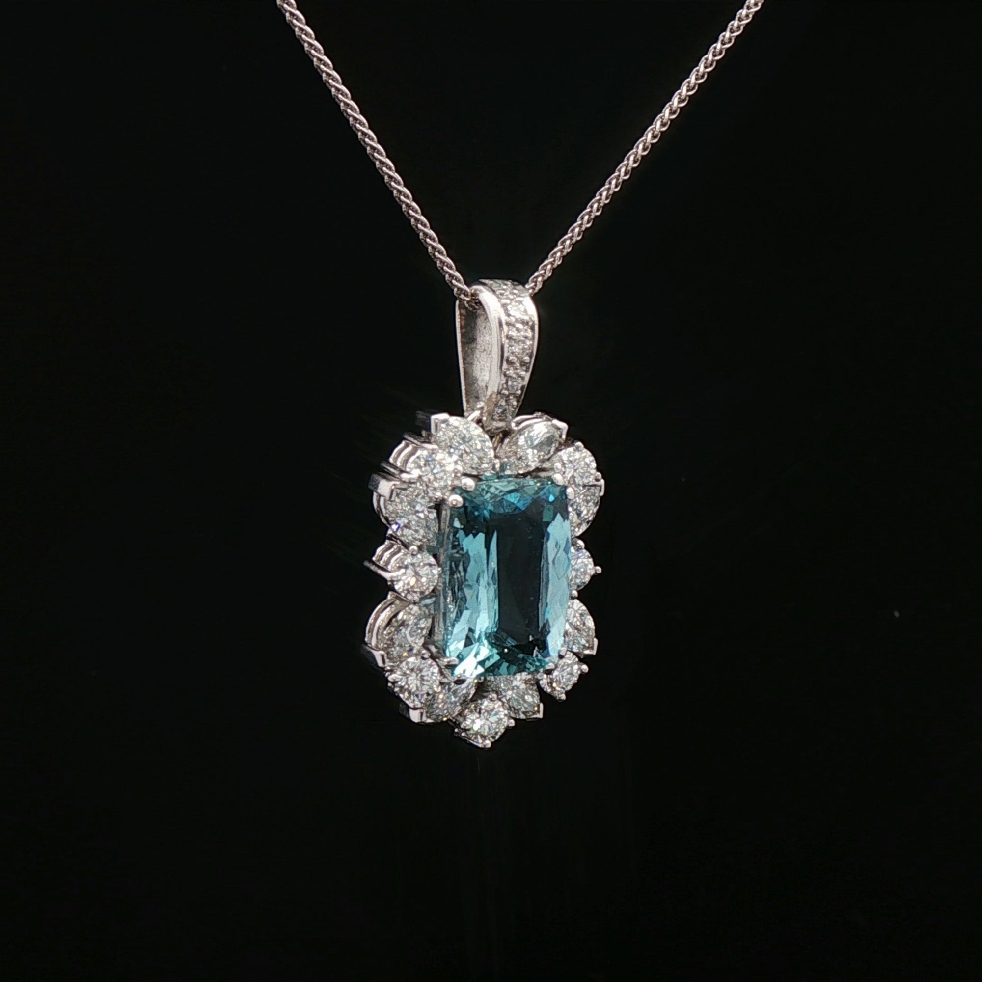 18ct White Gold Aquamarine & Natural Diamond Cluster Pendant