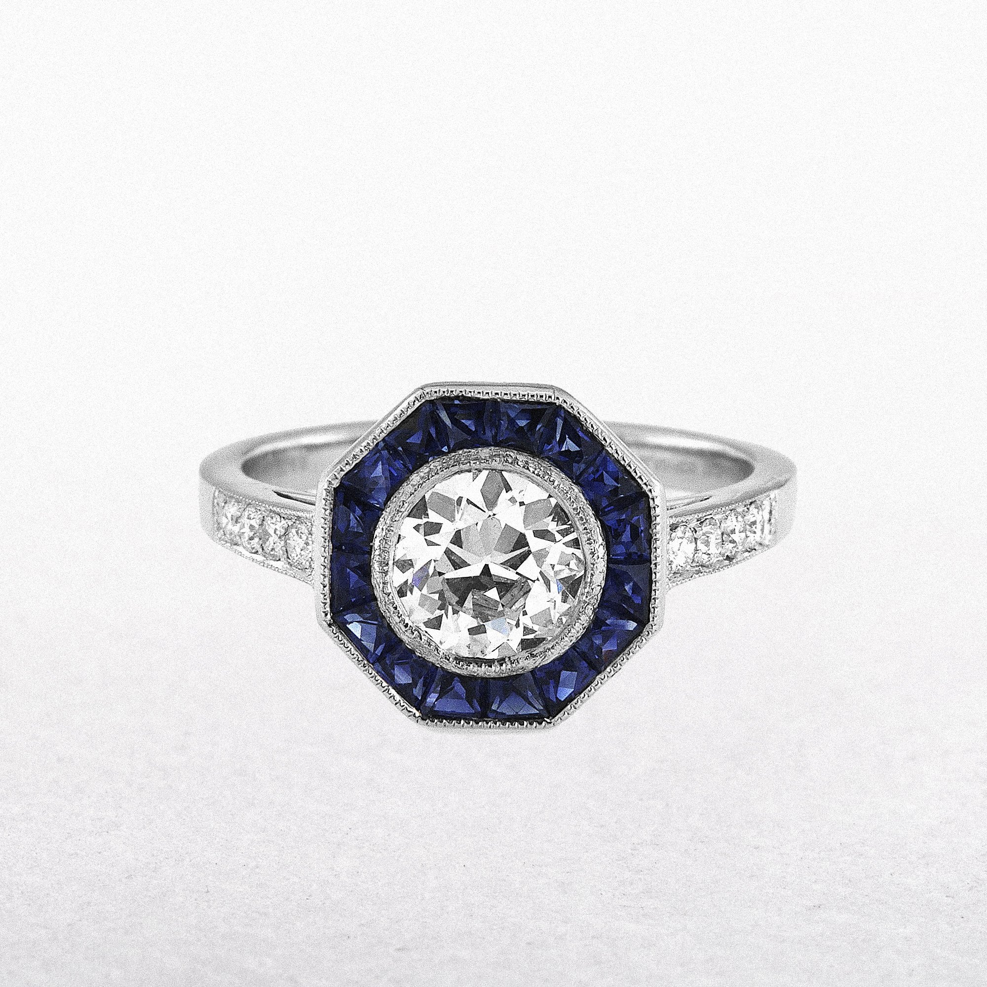 18ct White Gold Art Deco Style Natural Diamond and Sapphire Target Ring