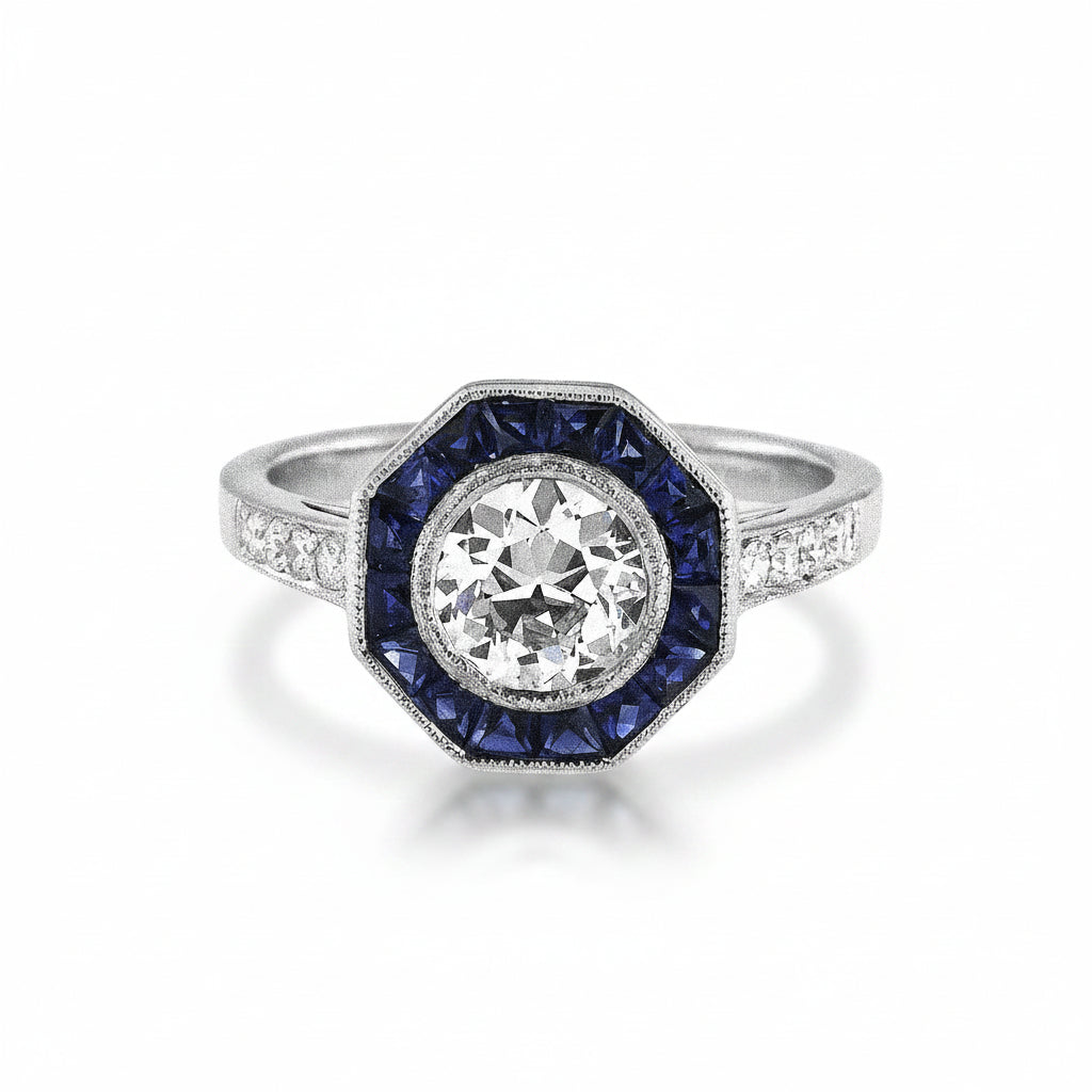 18ct White Gold Art Deco Style Natural Diamond and Sapphire Target Ring