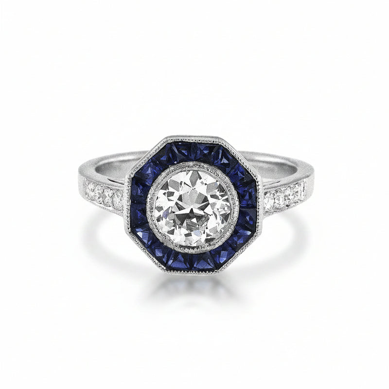 18ct White Gold Art Deco Style Natural Diamond and Sapphire Target Ring