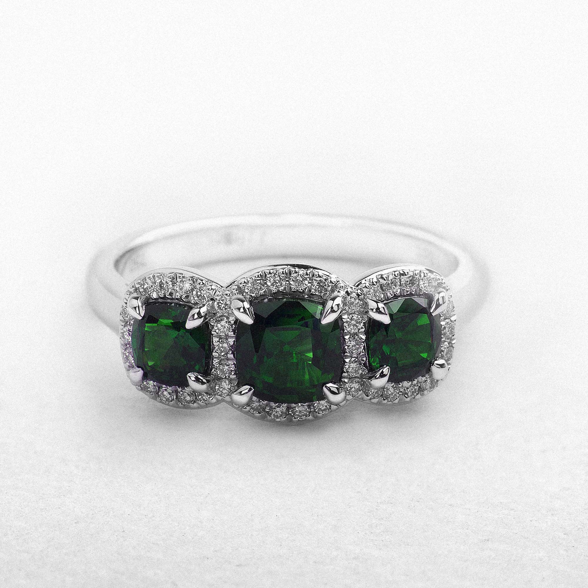 18ct White Gold Emerald and Natural Diamond 3 Stone Halo Ring