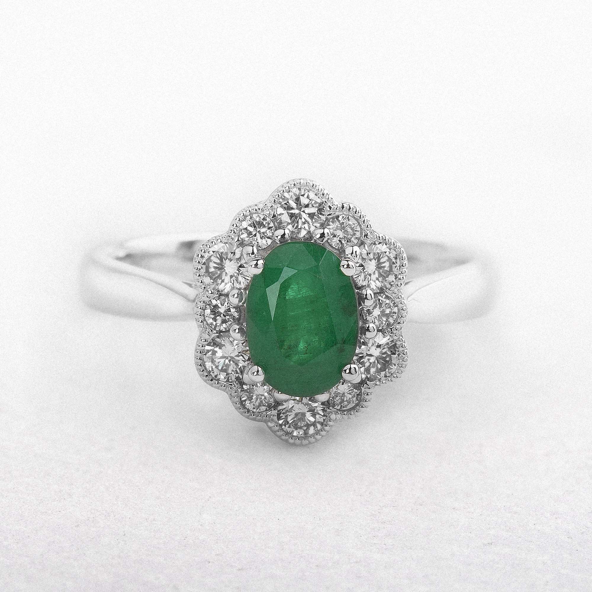 18ct White Gold Emerald and Natural Diamond Oval Cluster Ring