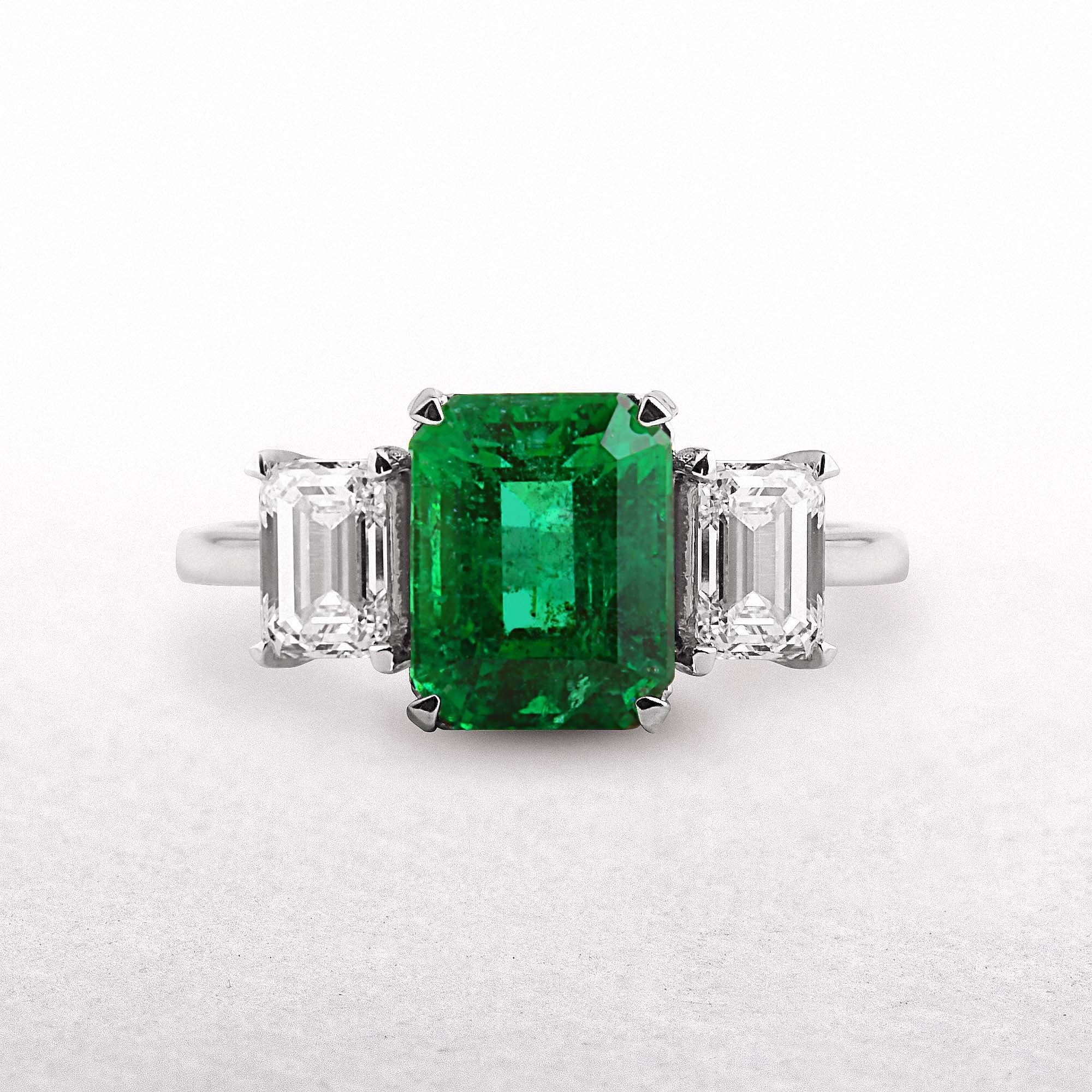 18ct White Gold Emerald Cut Emerald & Natural Diamond Three Stone Emerald Cut Ring
