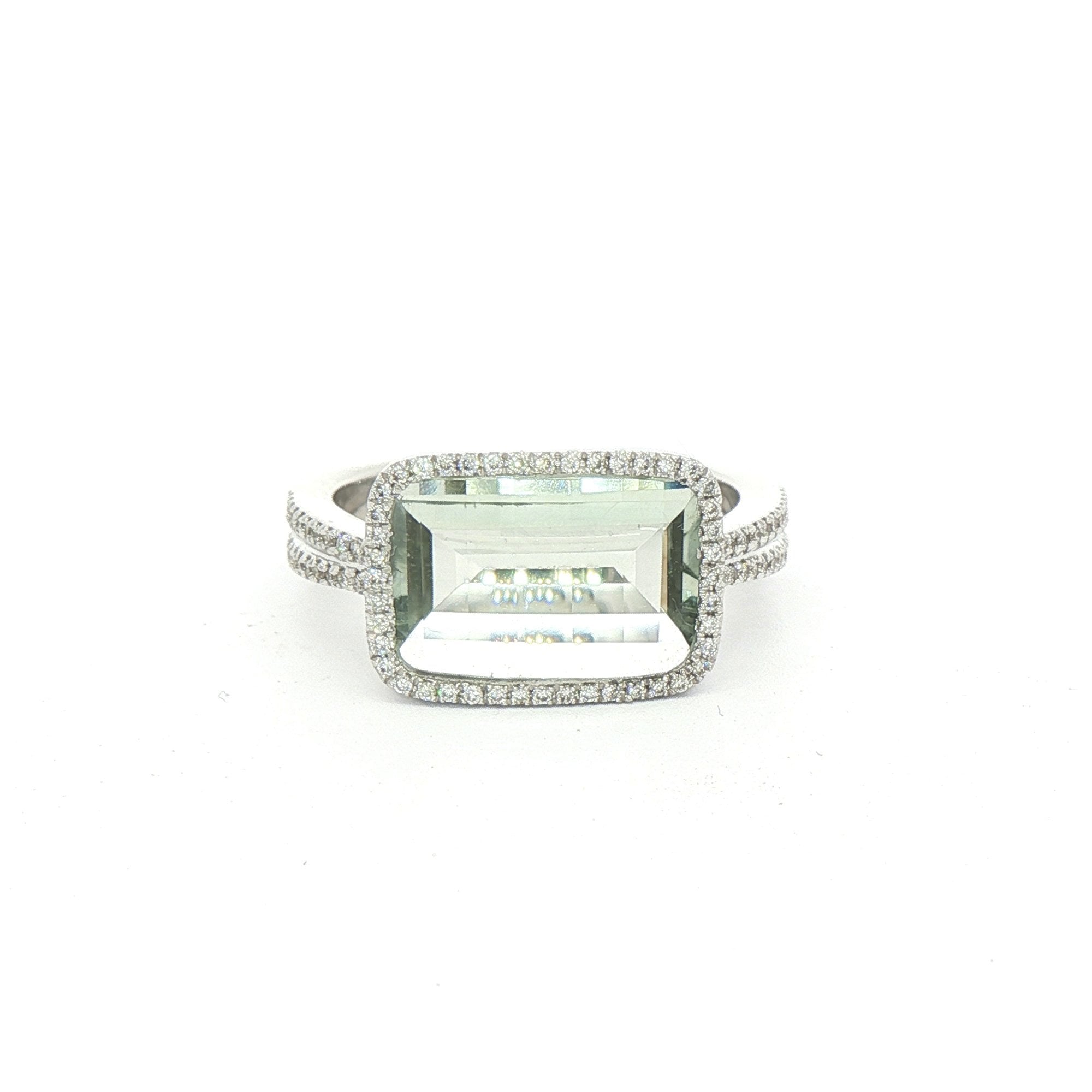 18ct White Gold Green Amethyst Dress Ring with Natural Diamonds