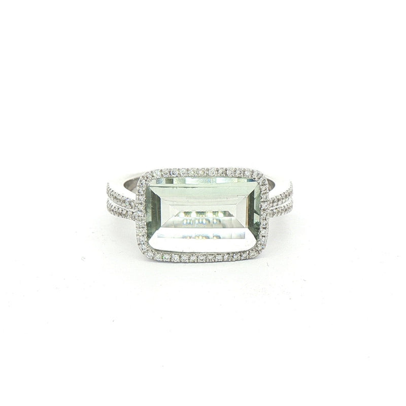 18ct White Gold Green Amethyst Dress Ring with Natural Diamonds