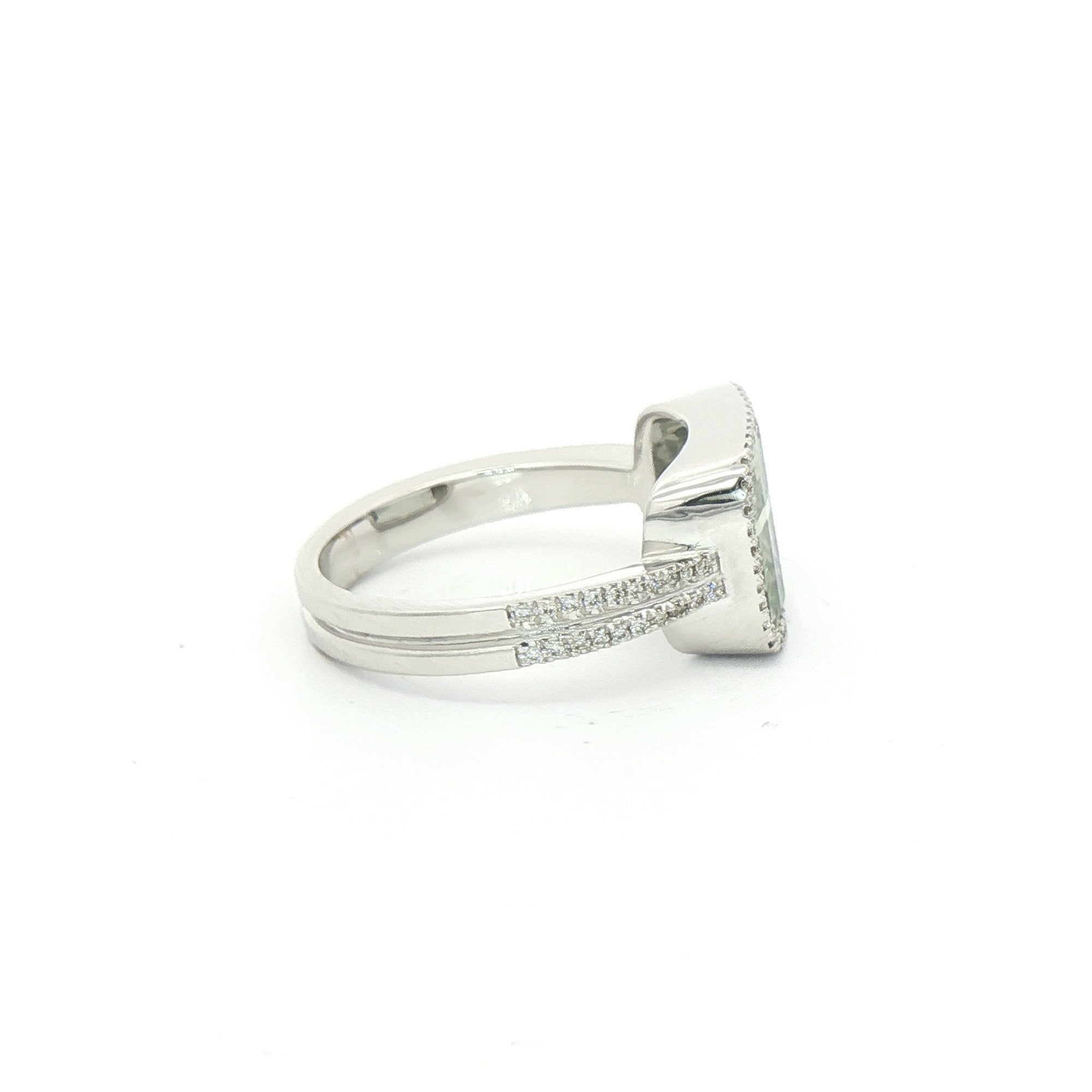 18ct White Gold Green Amethyst Dress Ring with Natural Diamonds