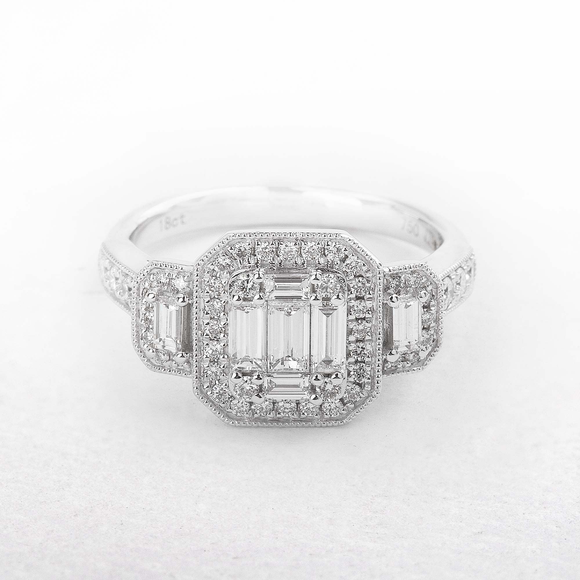 18ct White Gold Multi Baguette and Brilliant Cut 3 Stone Natural Diamond Ring