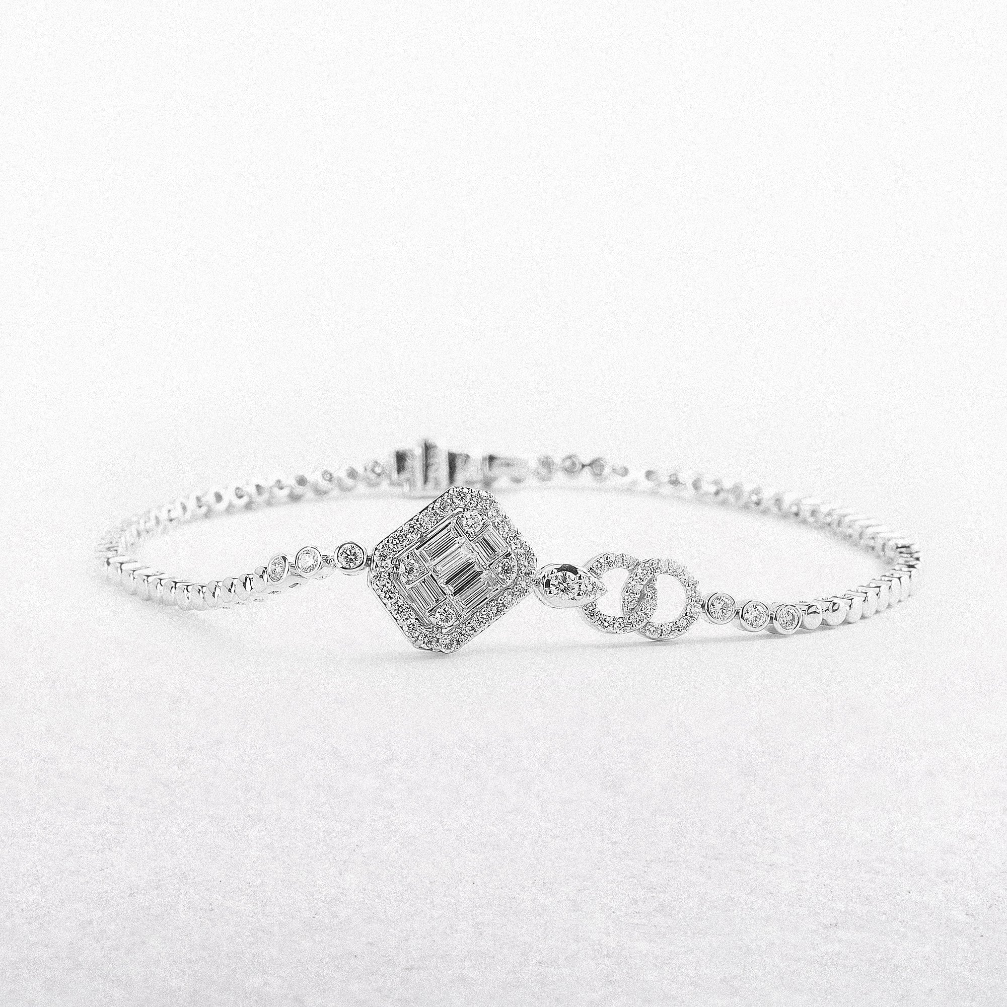 18ct White Gold Multi Stone Emerald Halo Diamond Bracelet