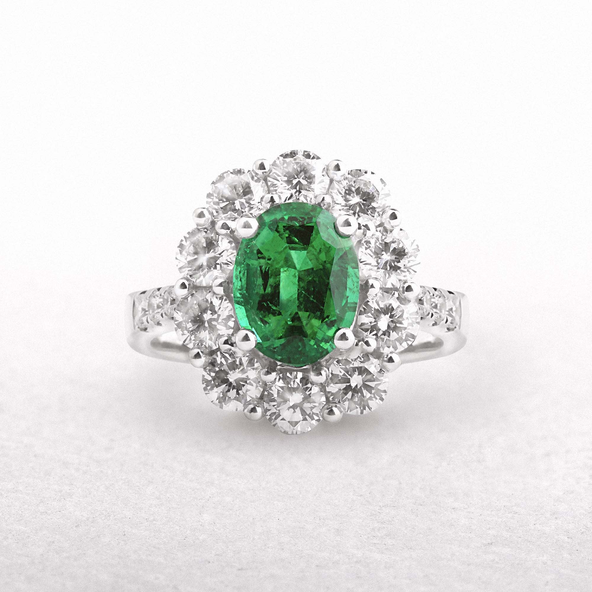 18ct White Gold Oval Cut Natural Emerald & Diamond Cluster Ring