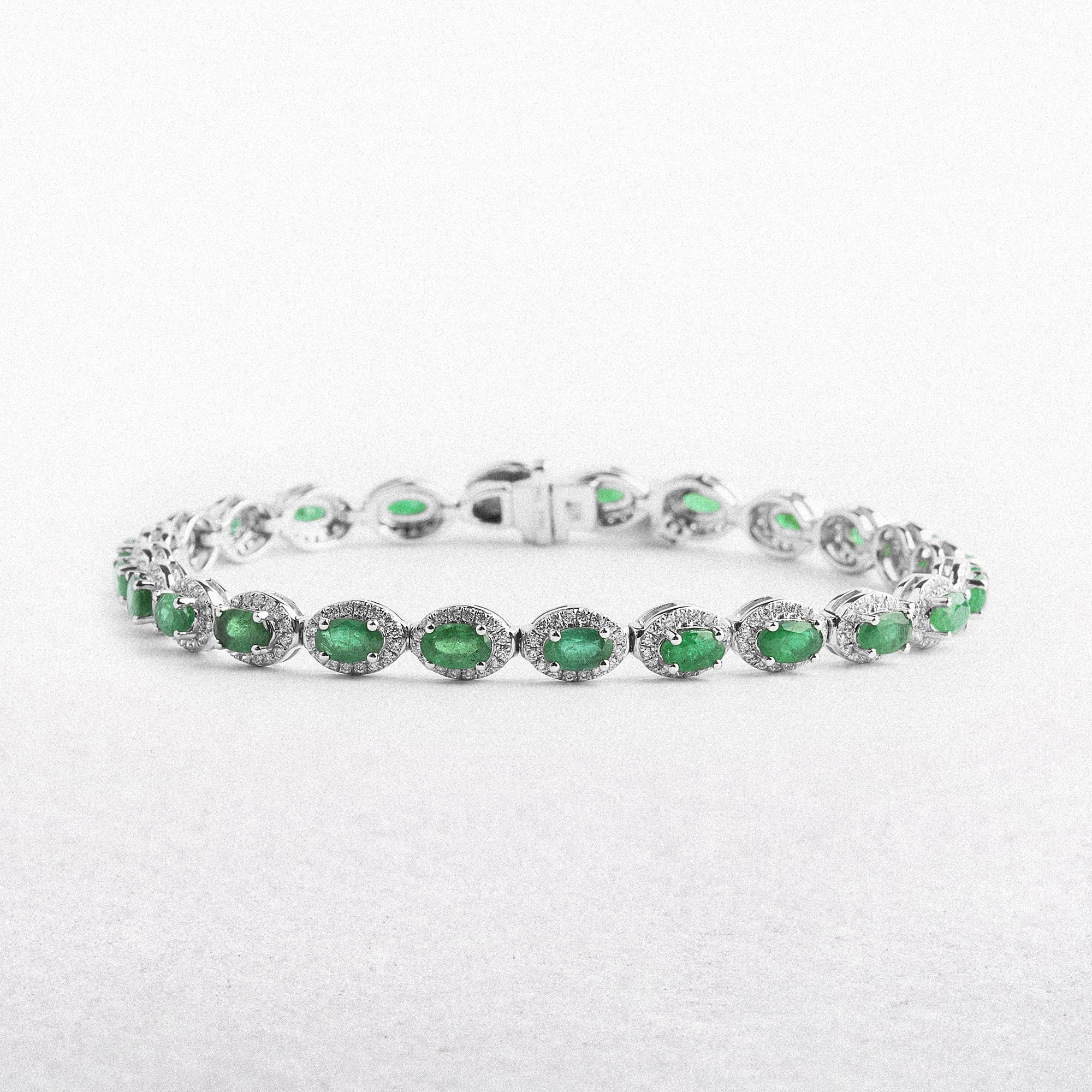 18ct White Gold Oval Emerald and Natural Diamond Halo Bracelet