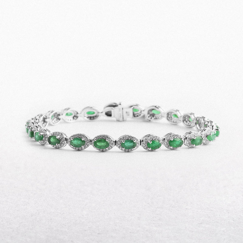 18ct White Gold Oval Emerald and Natural Diamond Halo Bracelet