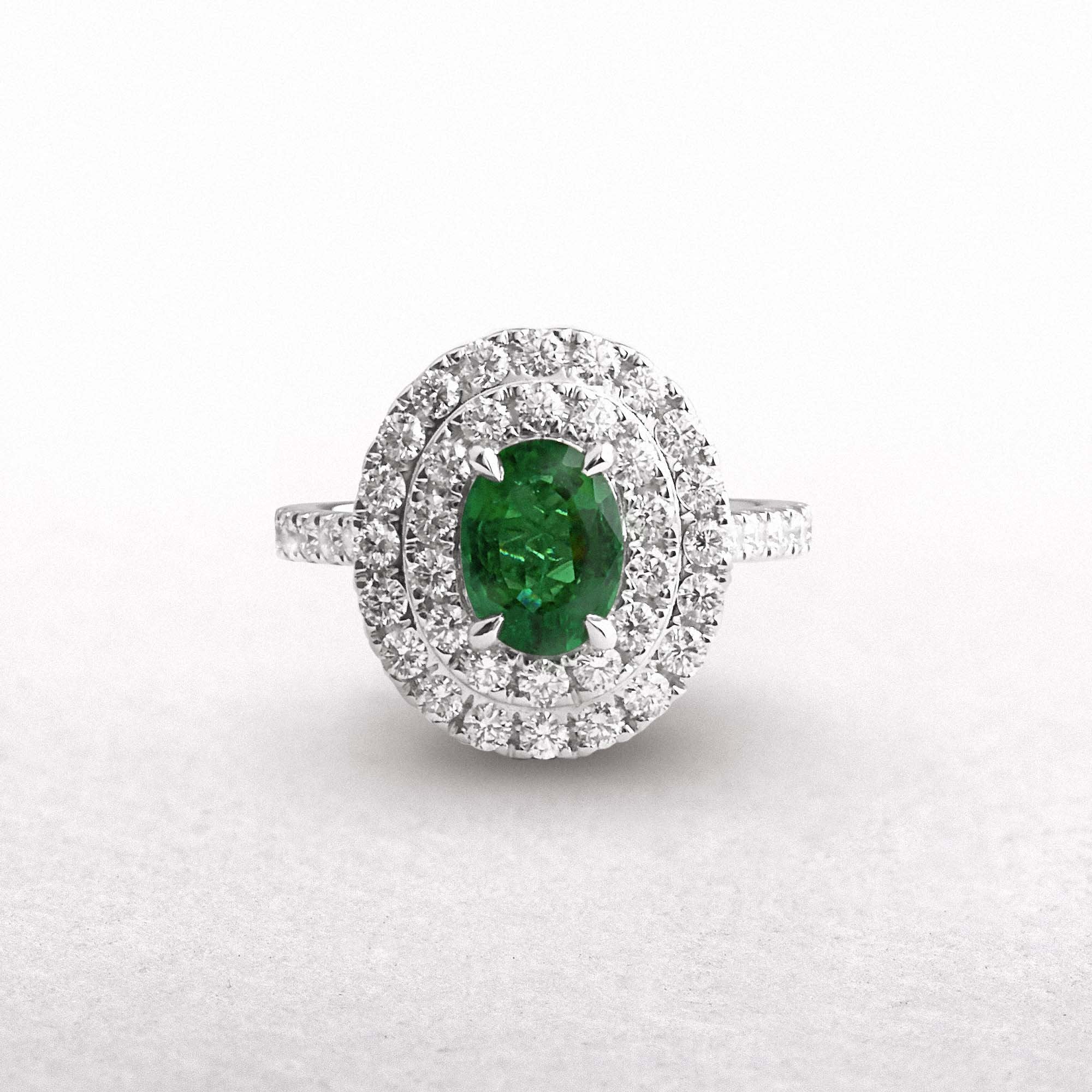 18ct White Gold Oval Emerald & Natural Diamond Double Halo Ring