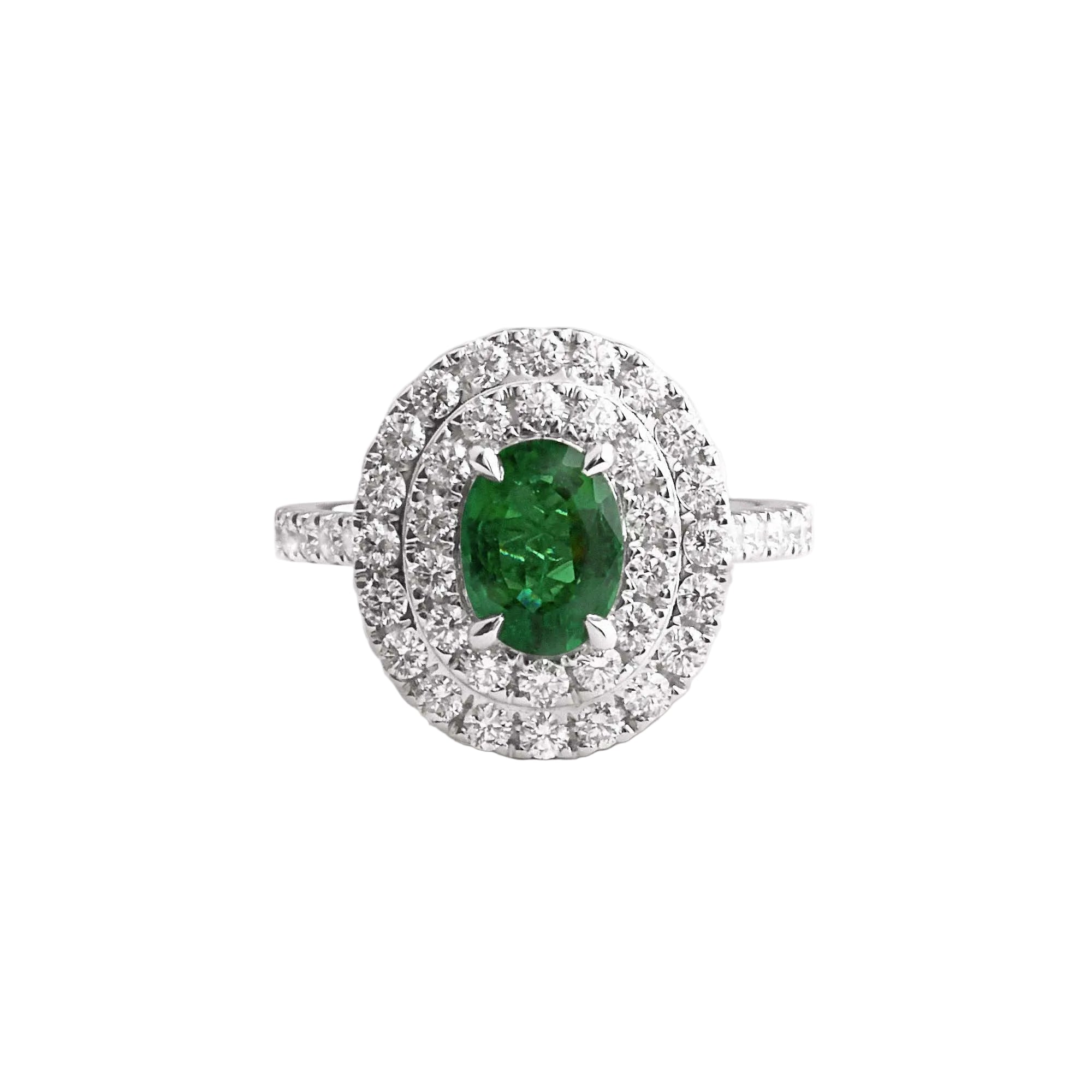 18ct White Gold Oval Emerald & Natural Diamond Double Halo Ring