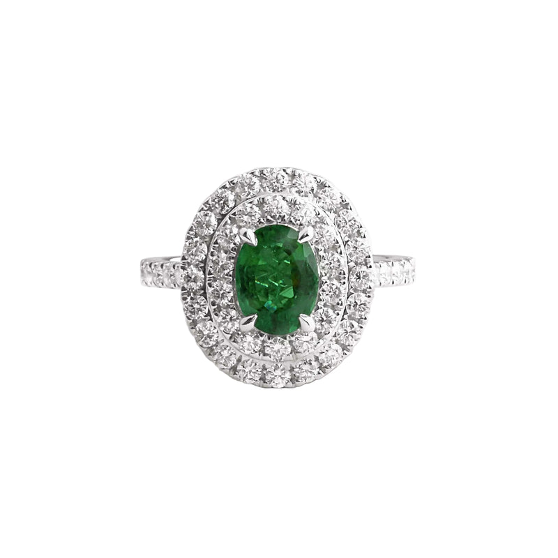 18ct White Gold Oval Emerald & Natural Diamond Double Halo Ring