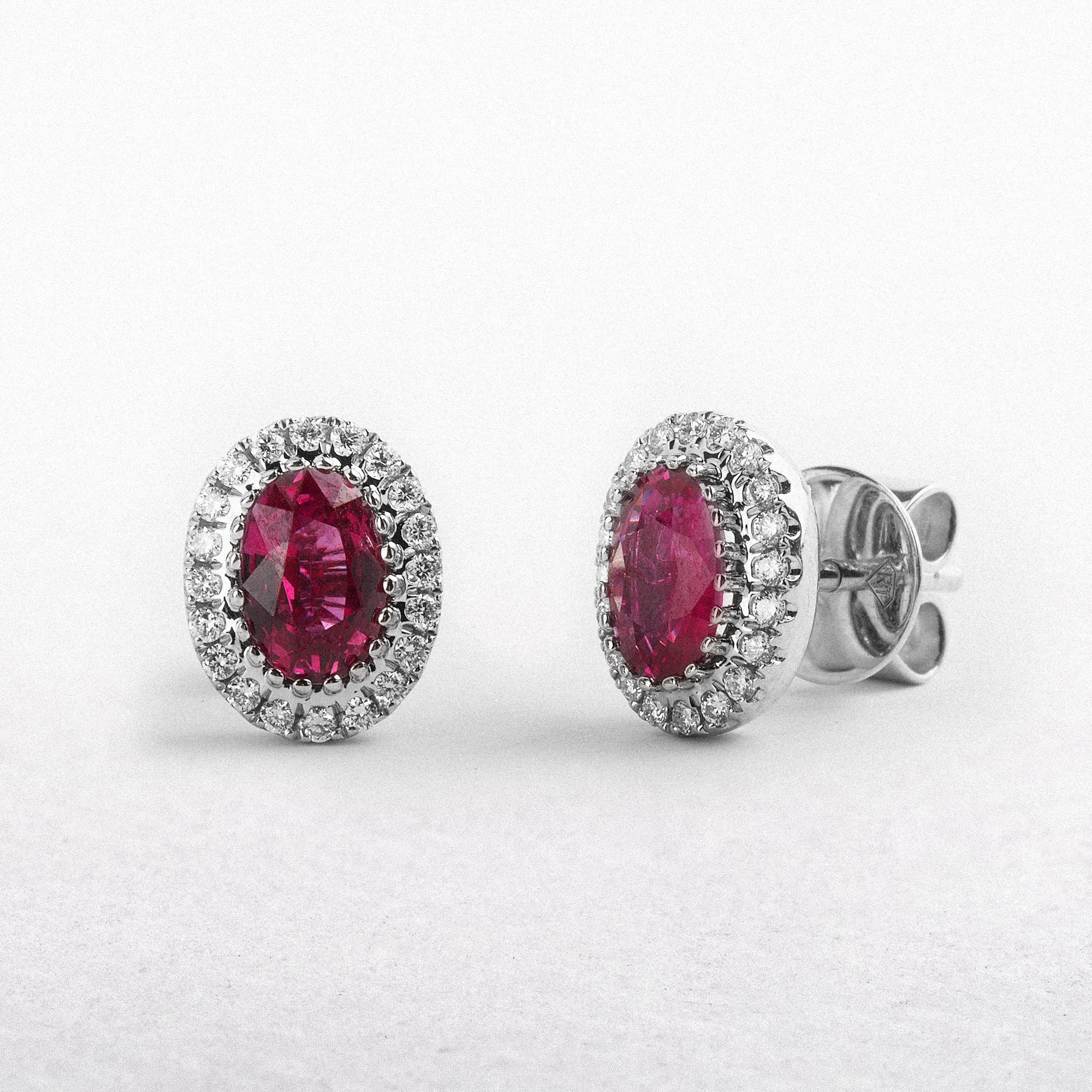 18ct White Gold Oval Ruby & Diamond Stud Earrings
