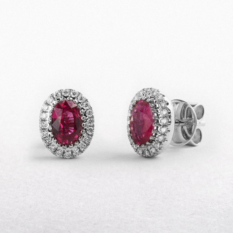 18ct White Gold Oval Ruby & Diamond Stud Earrings