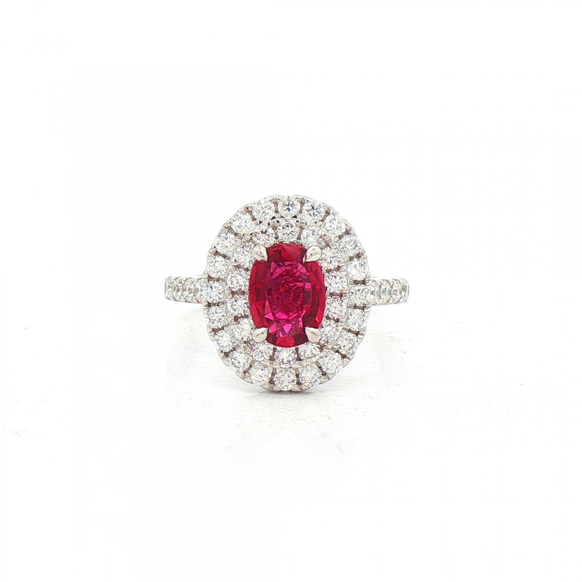 18ct White Gold Oval Ruby & Natural Diamond Double Halo Ring