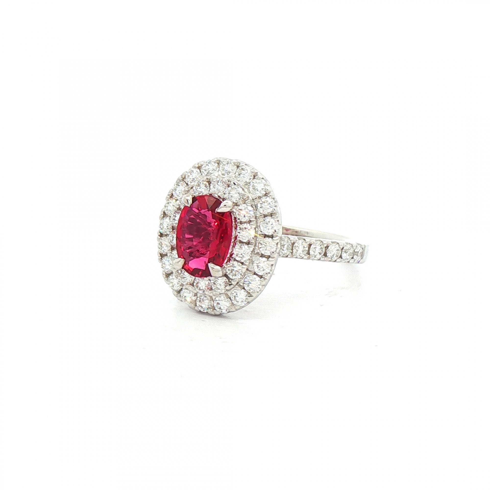 18ct White Gold Oval Ruby & Natural Diamond Double Halo Ring