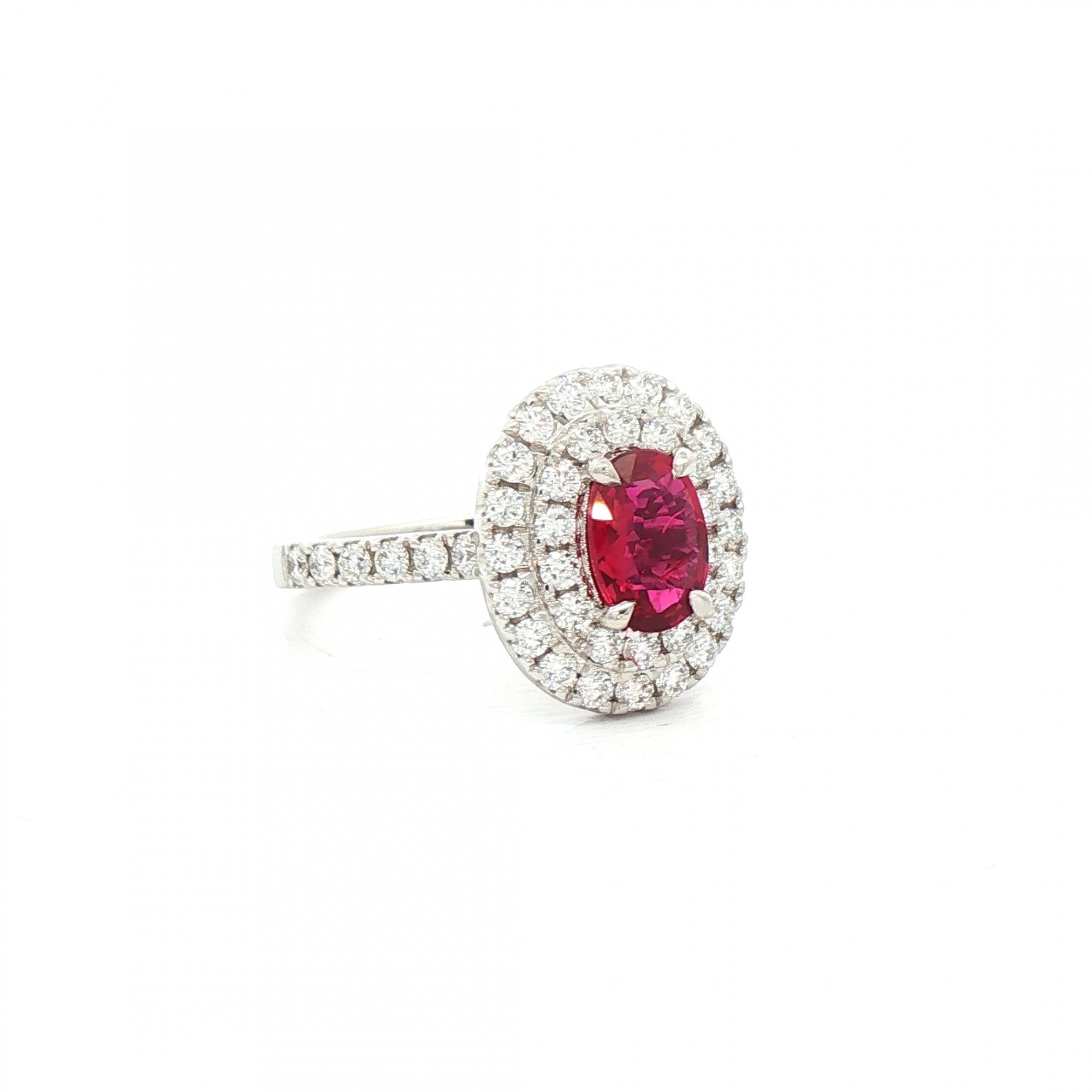 18ct White Gold Oval Ruby & Natural Diamond Double Halo Ring