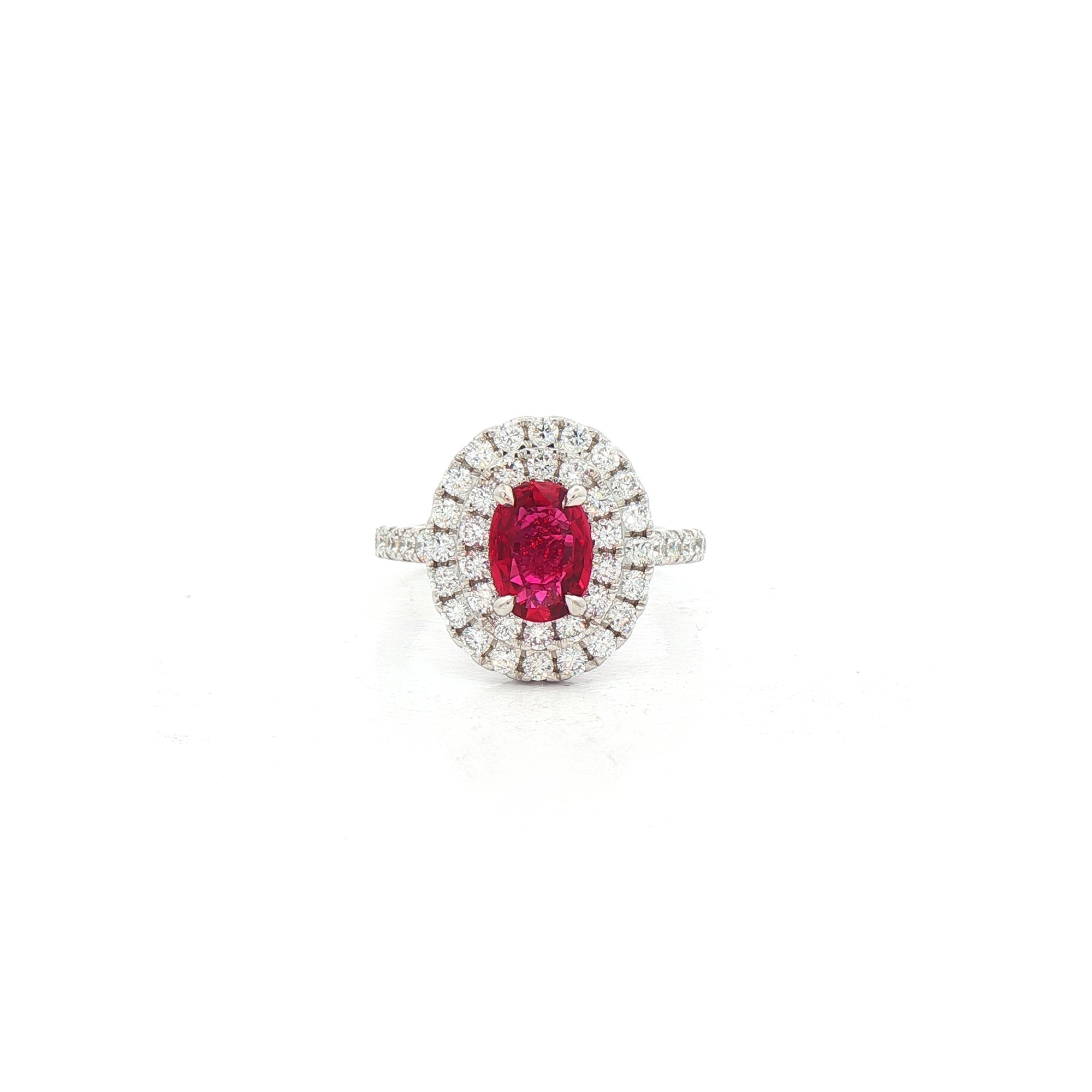 18ct White Gold Oval Ruby & Natural Diamond Double Halo Ring