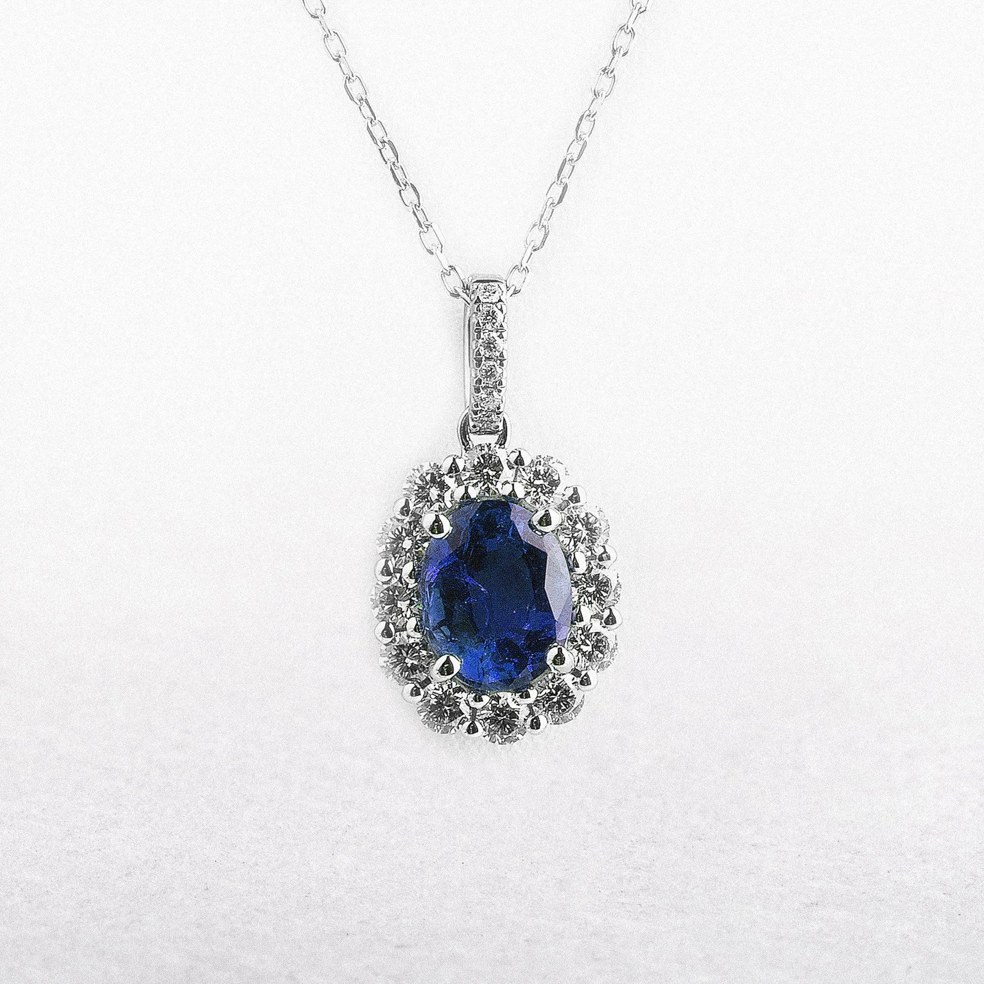 18ct White Gold Oval Sapphire & Natural Diamond Pendant