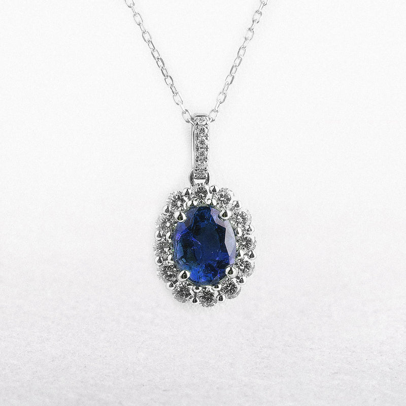 18ct White Gold Oval Sapphire & Natural Diamond Pendant