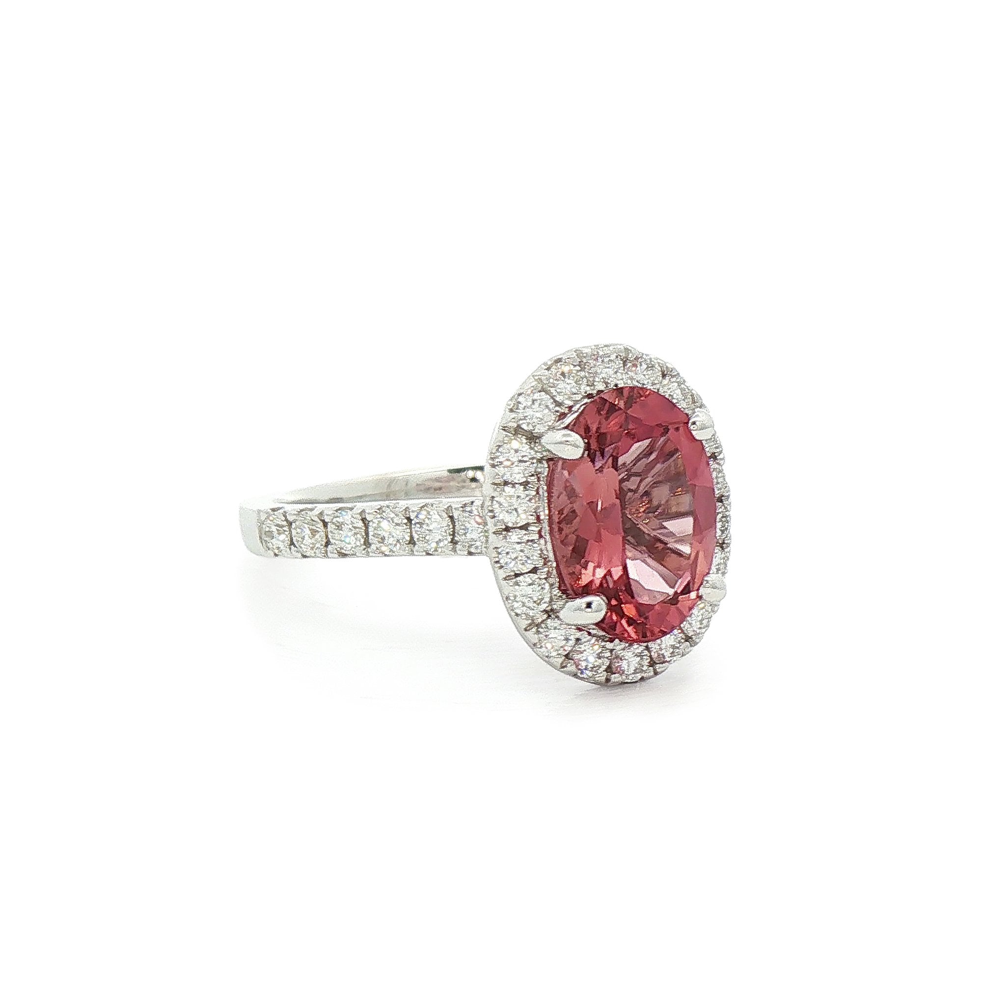 18ct White Gold Peach Fuzz Tourmaline 2.14ct & Natural Diamond 0.62ct Cluster Ring