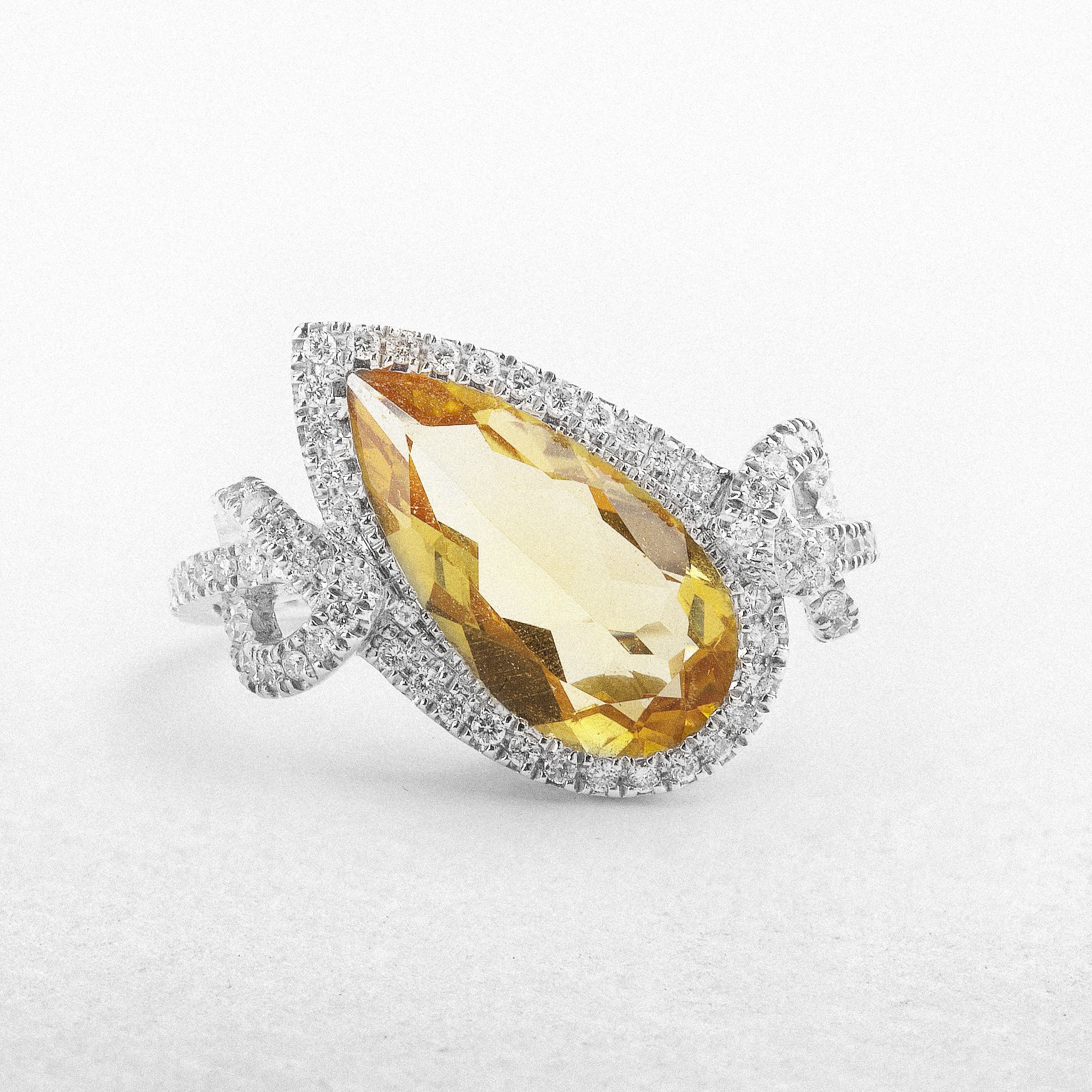 18ct White Gold Pear Cut Citrine and Natural Diamond Dress Ring