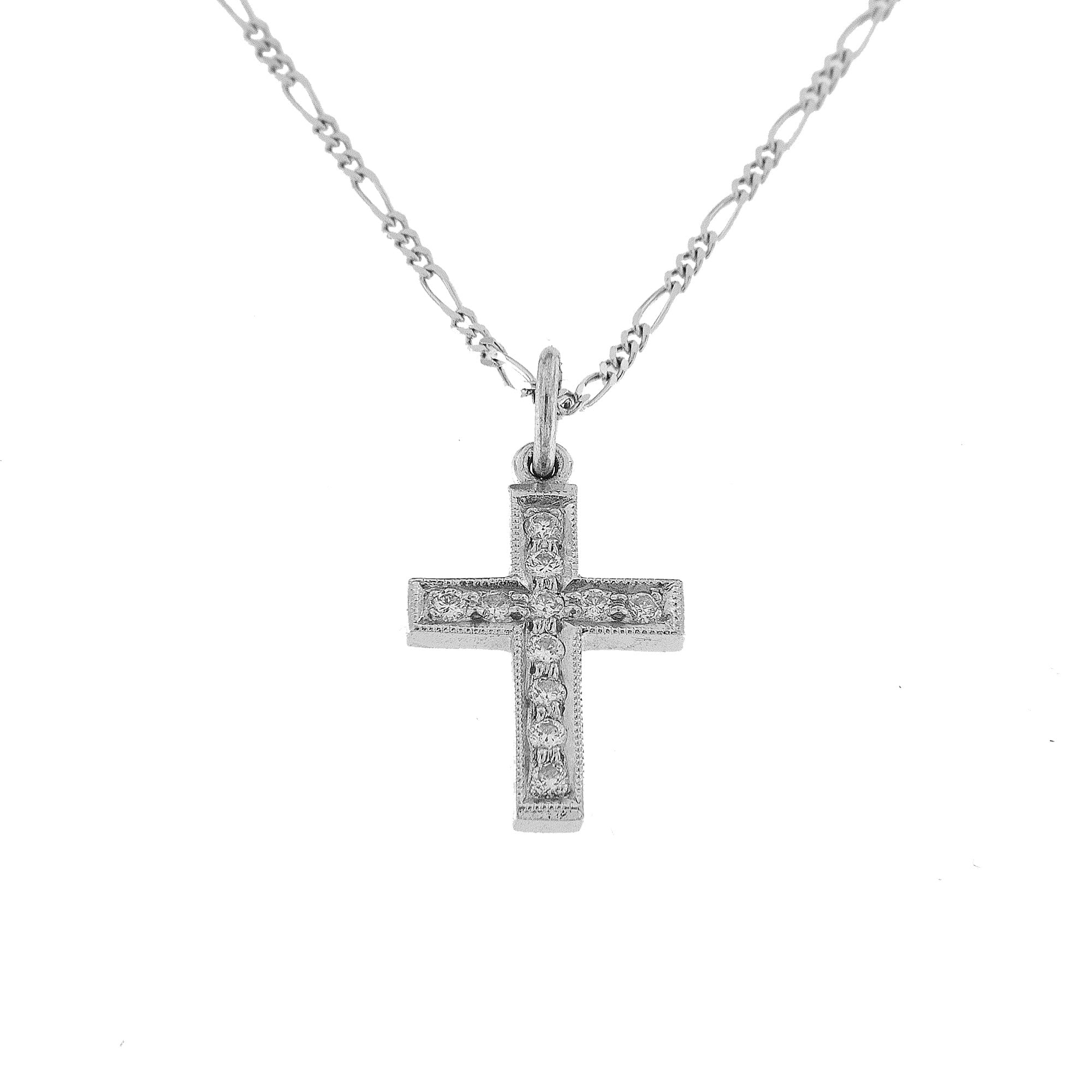 18ct White Gold Small Diamond Cross & Figaro Style Chain